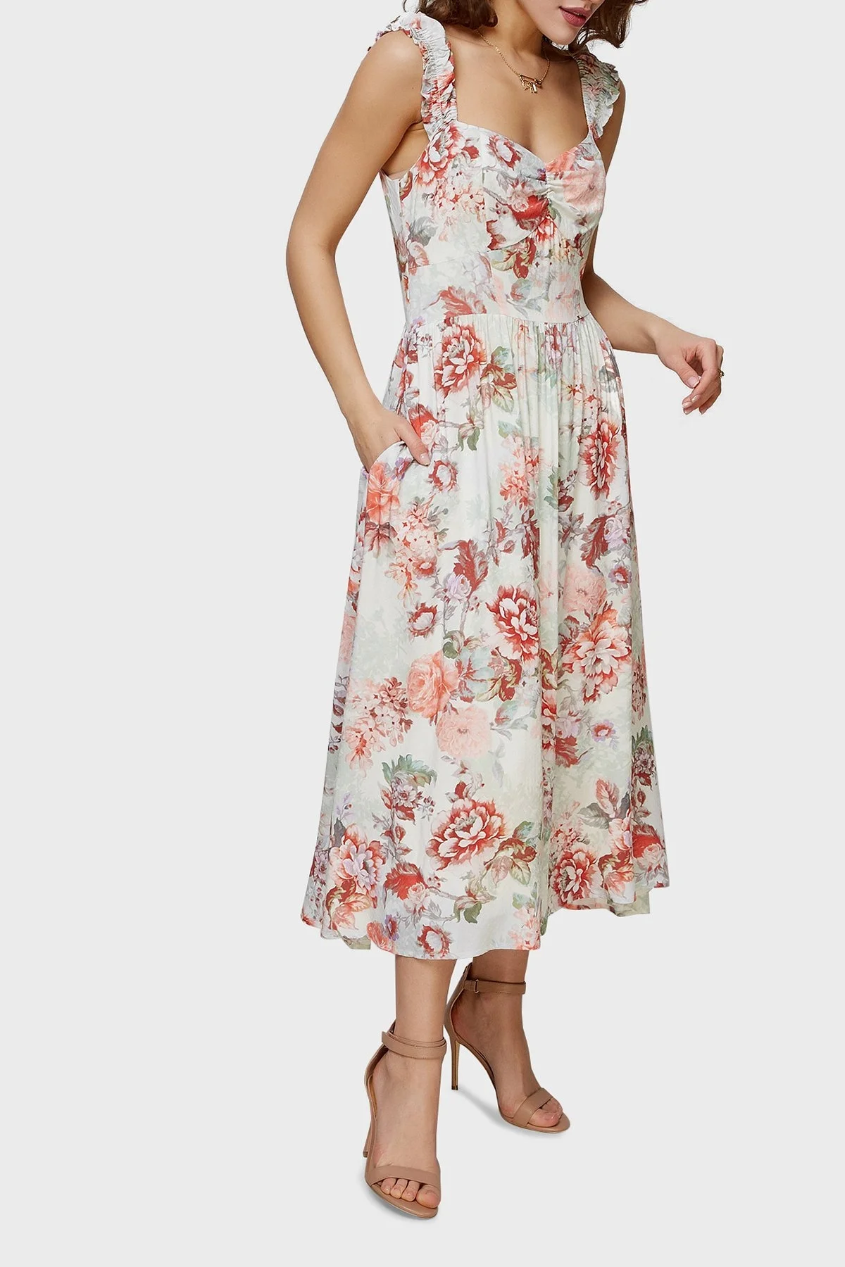 Guess Susanna Çiçek Desenli Yaka Detaylı Cepli Midi Bayan Elbise W2GK57WEKC0 P82W PUDRA - 1