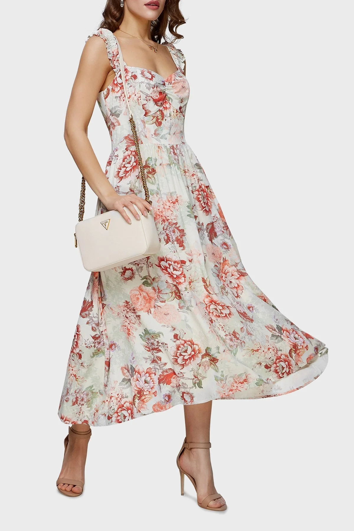 Guess Susanna Çiçek Desenli Yaka Detaylı Cepli Midi Bayan Elbise W2GK57WEKC0 P82W PUDRA - 3