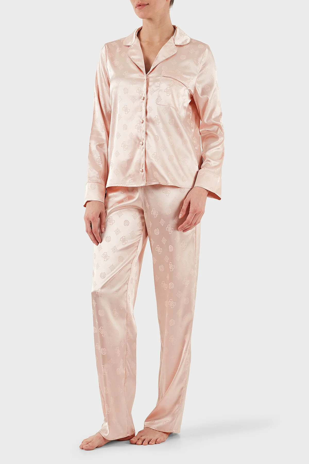 Guess Sylvie Tamamı 4G Logolu Regular Fit Uzun Kollu O5BX05W4732 Bayan Pijama Takımı O5BX05 W4732 F6Z9 PUDRA - 1