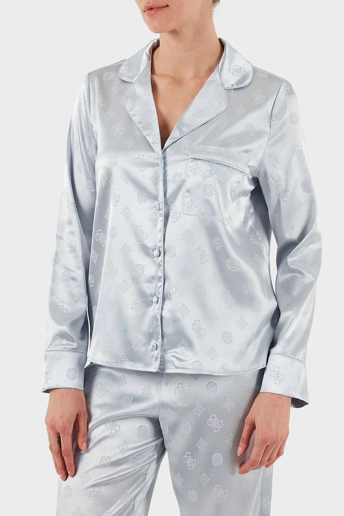 Guess Sylvie Tamamı 4G Logolu Regular Fit Uzun Kollu O5BX05W4732 Bayan Pijama Takımı O5BX05 W4732 FBCW GRİ - 5