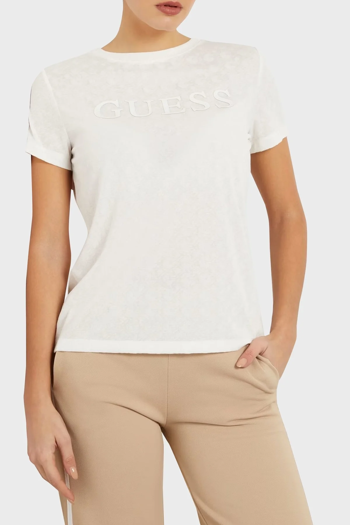 Guess Talia Logolu Streç Bisiklet Yaka V4GI15KC6O0 Bayan T Shirt V4GI15 KC6O0 P0GF EKRU - 1