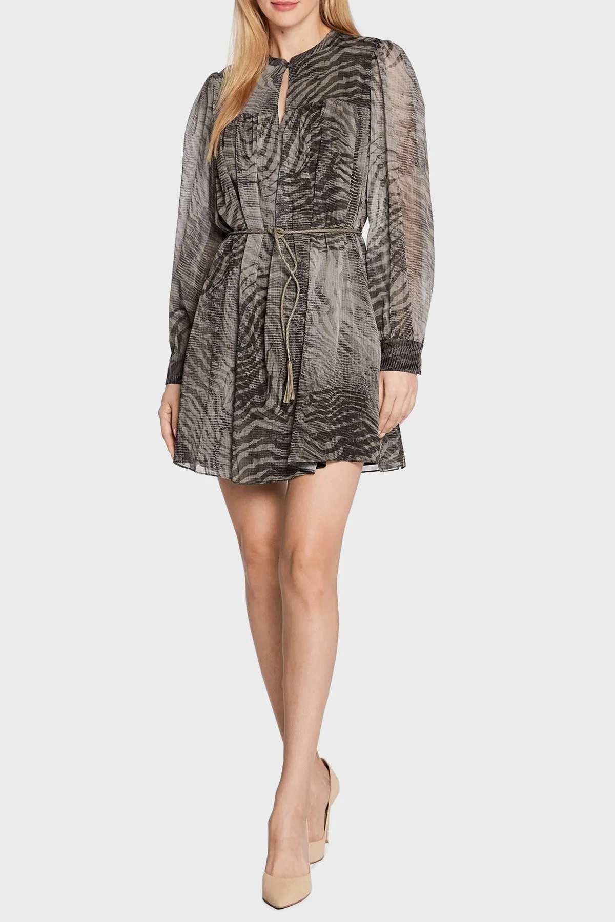 Guess Tamamı Desenli Kemerli Şifon Morgane Bayan Elbise W2BK12WDWT2 P85E GRİ - 1