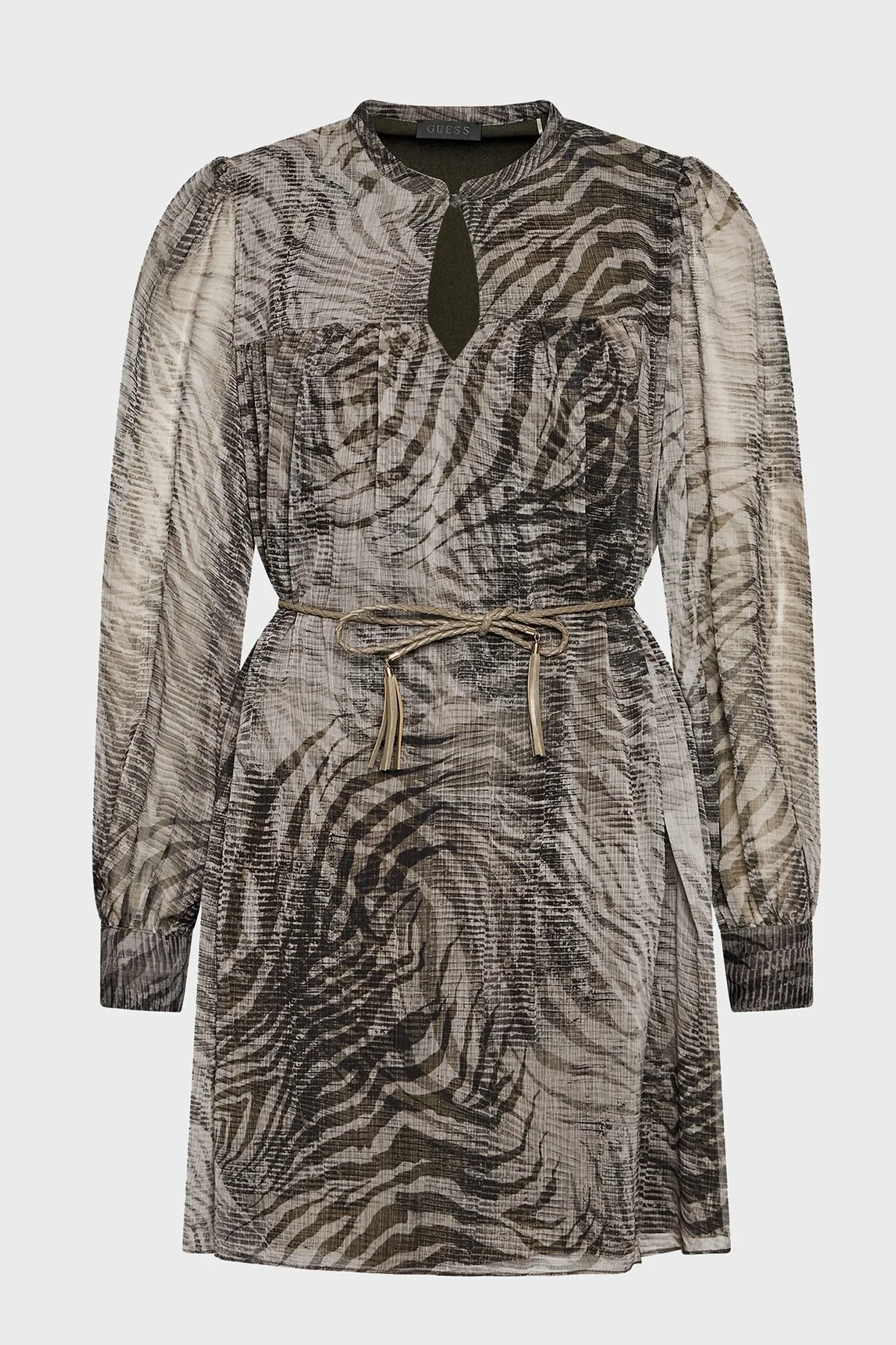 Guess Tamamı Desenli Kemerli Şifon Morgane Bayan Elbise W2BK12WDWT2 P85E GRİ - 5