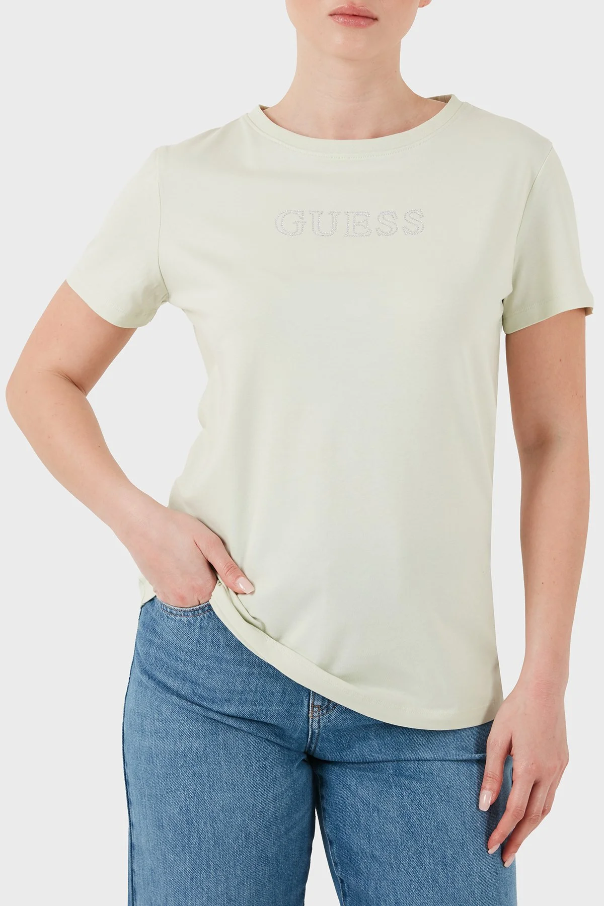 Guess Taşlı Logolu Pamuklu Regular Fit Bisiklet Yaka V3BI11J1314 Kadın T Shirt V3BI11 J1314 A89J Yeşil - 3