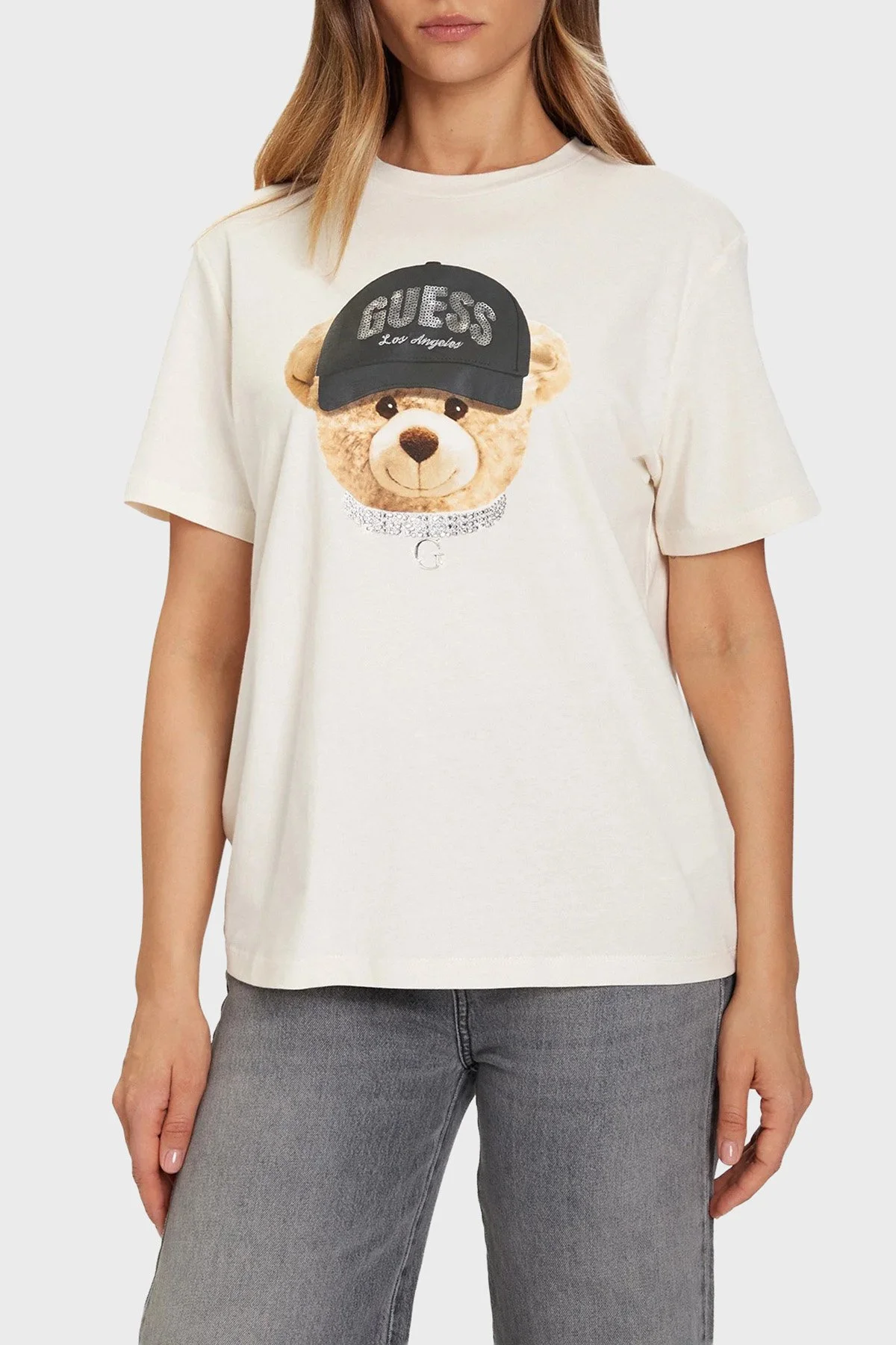 Guess Teddy Baskılı % 100 Pamuk Relaxed Fit Bisiklet Yaka V5BI09I3Z14 Bayan T Shirt V5BI09 I3Z14 G1O6 EKRU - 1