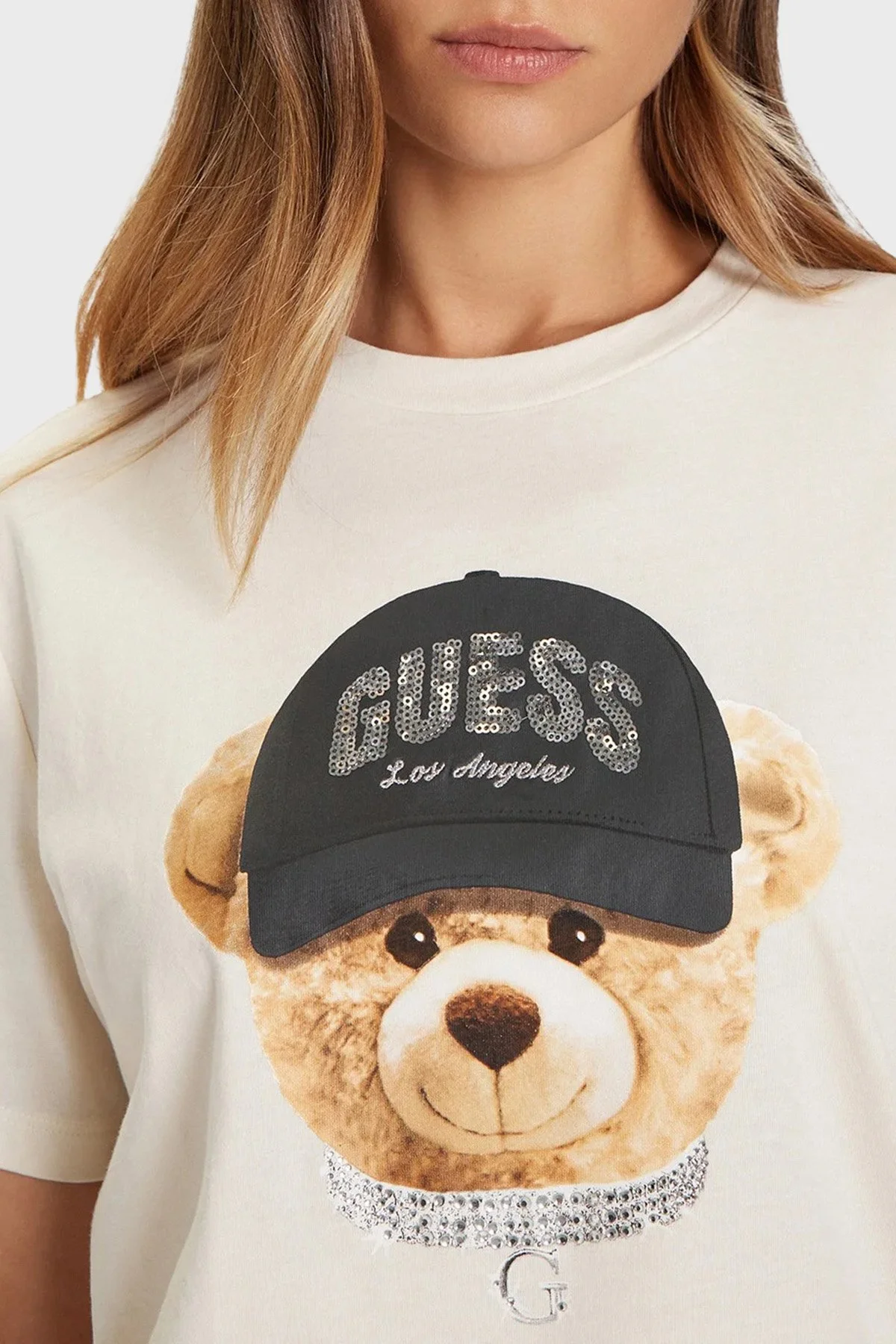 Guess Teddy Baskılı % 100 Pamuk Relaxed Fit Bisiklet Yaka V5BI09I3Z14 Bayan T Shirt V5BI09 I3Z14 G1O6 EKRU - 4