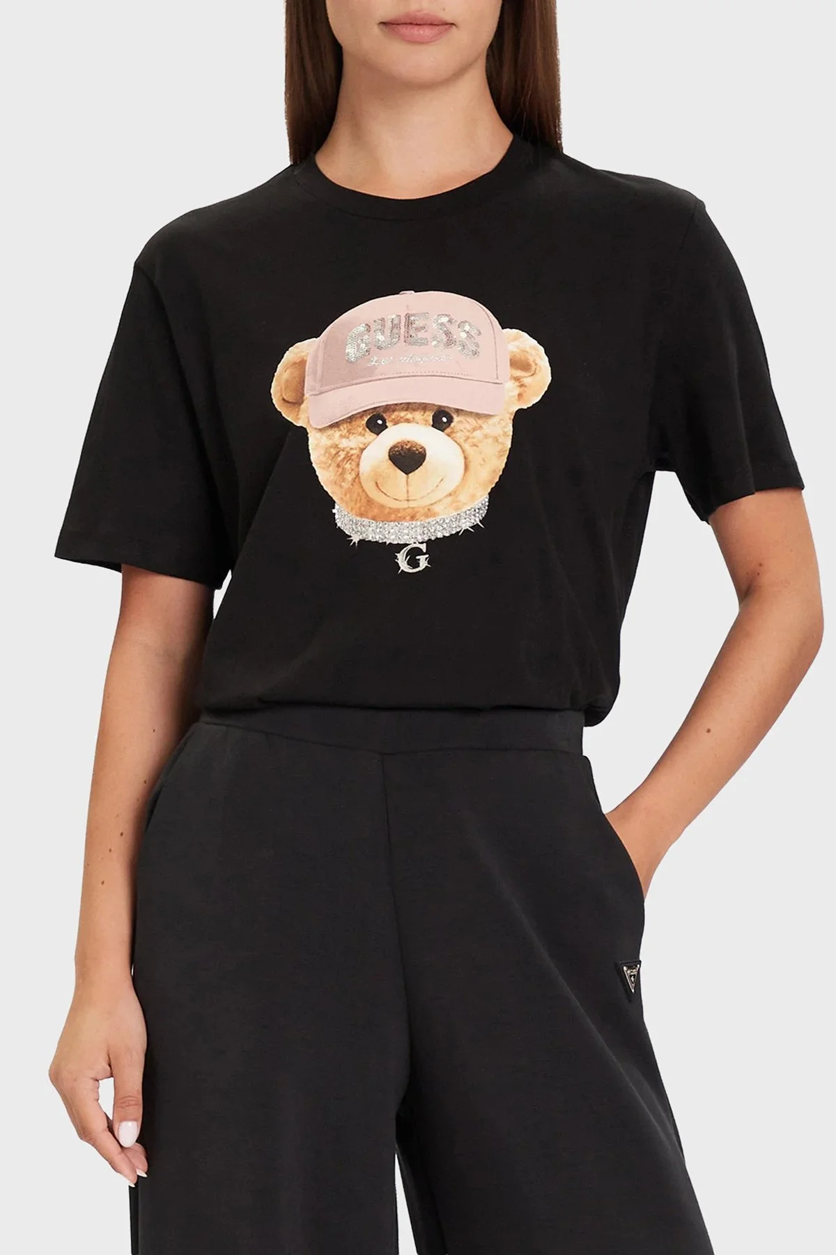 Guess Teddy Baskılı % 100 Pamuk Relaxed Fit Bisiklet Yaka V5BI09I3Z14 Bayan T Shirt V5BI09 I3Z14 JBLK SİYAH - 1