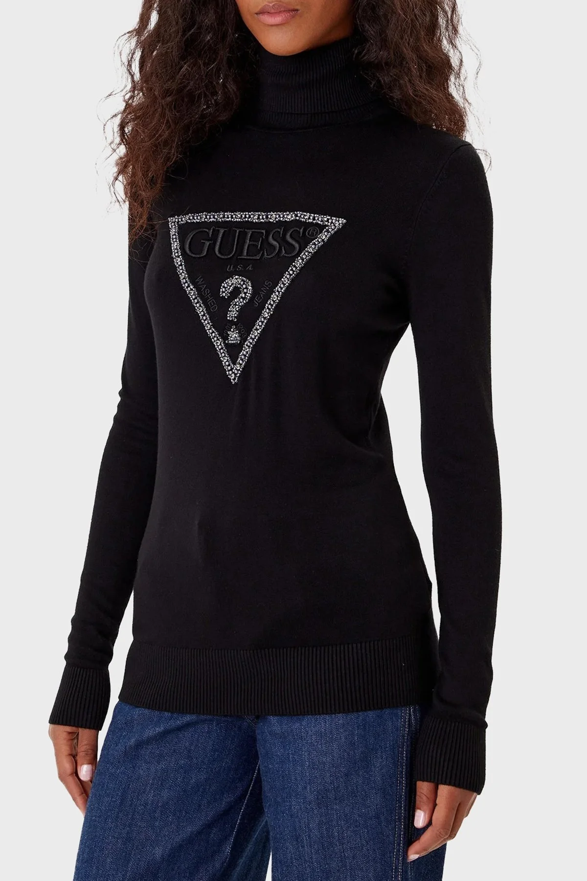 Guess Tn Melanie Taşlı Üçgen Logo Regular Fit Balıkçı Yaka W5BR39Z2NQ2 Bayan Kazak W5BR39 Z2NQ2 JBLK SİYAH - 1
