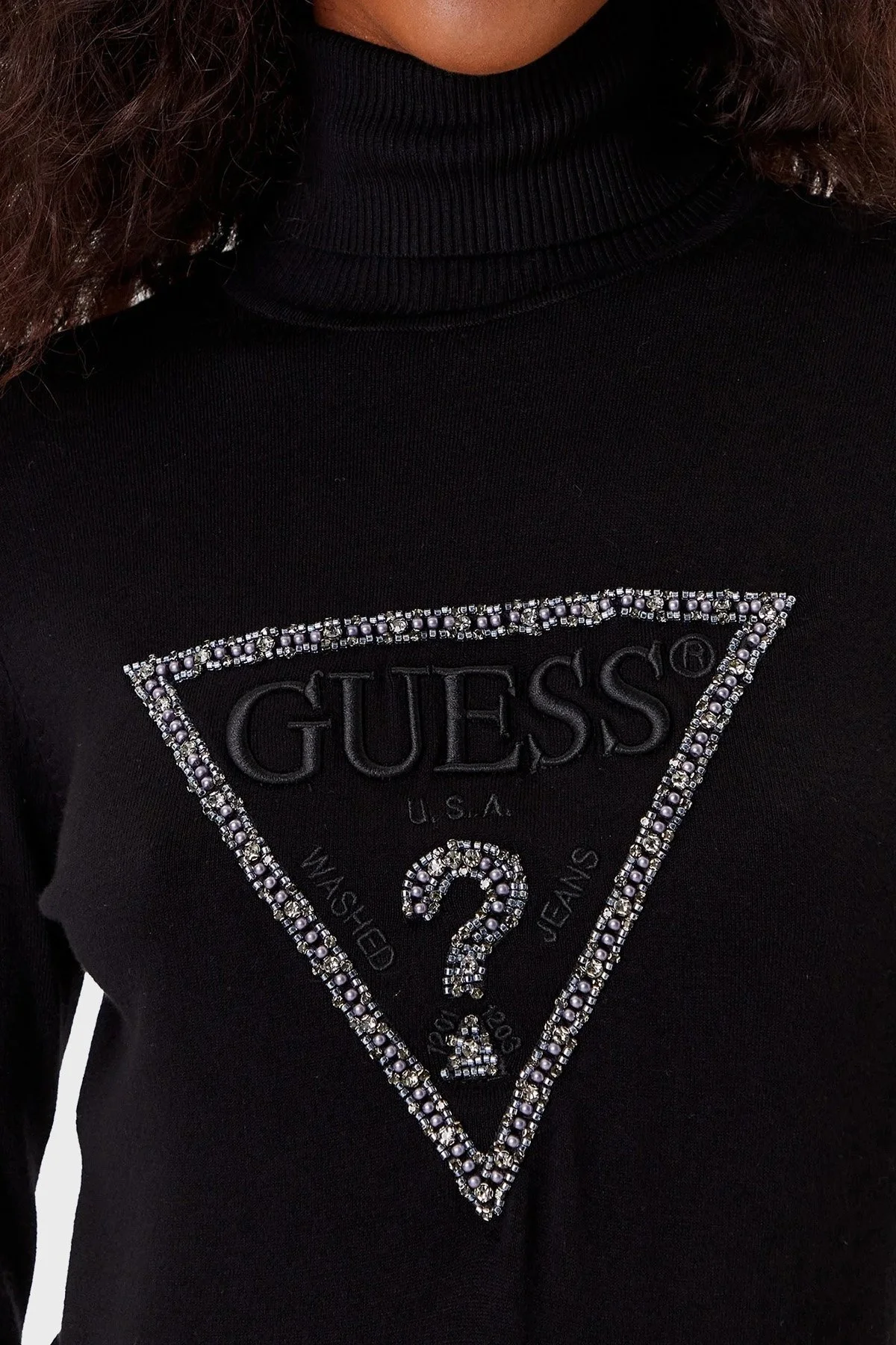 Guess Tn Melanie Taşlı Üçgen Logo Regular Fit Balıkçı Yaka W5BR39Z2NQ2 Bayan Kazak W5BR39 Z2NQ2 JBLK SİYAH - 4