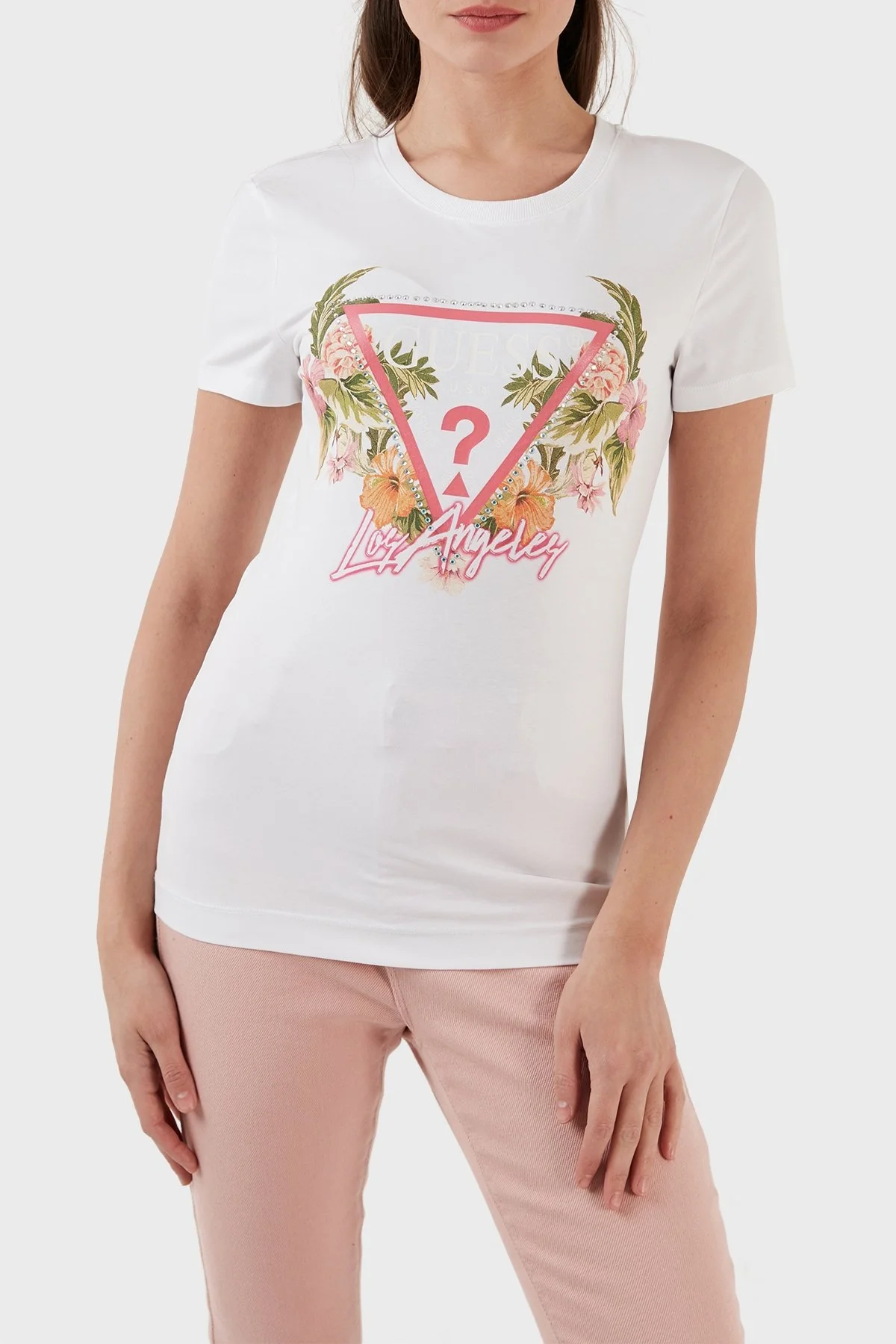 Guess Triangle Pamuklu Slim Fit Bisiklet Yaka Bayan T Shirt W3GI41J1314 G011 BEYAZ - 1