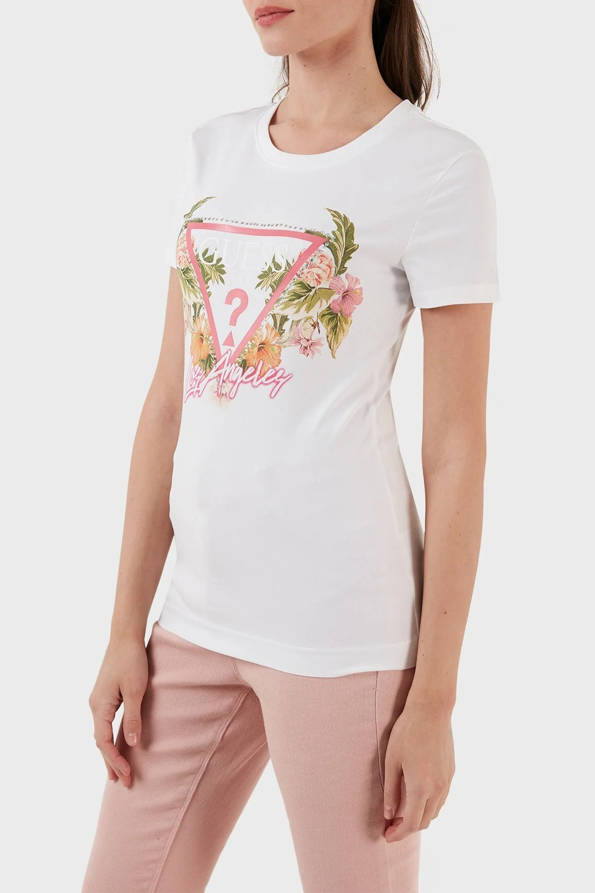 Guess Triangle Pamuklu Slim Fit Bisiklet Yaka Bayan T Shirt W3GI41J1314 G011 BEYAZ - 2