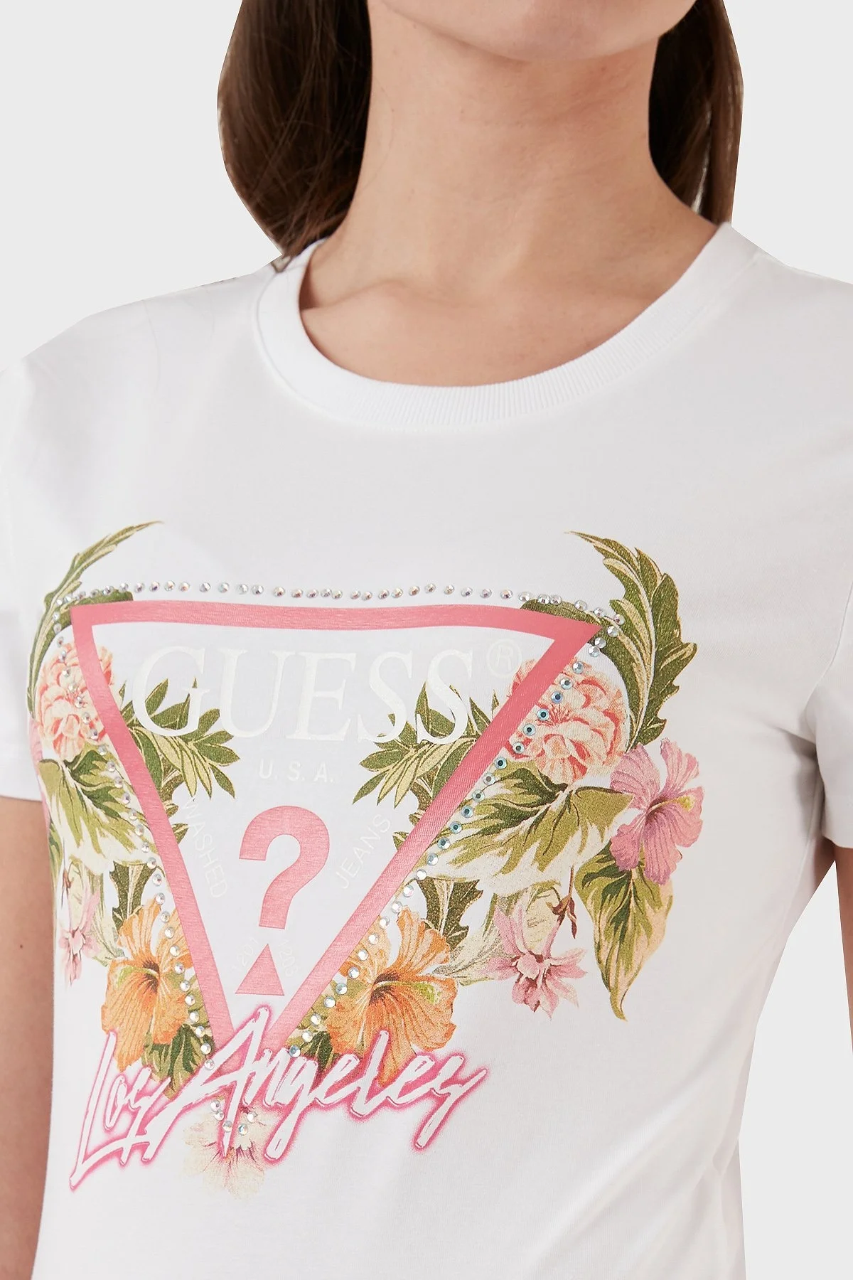 Guess Triangle Pamuklu Slim Fit Bisiklet Yaka Bayan T Shirt W3GI41J1314 G011 BEYAZ - 3