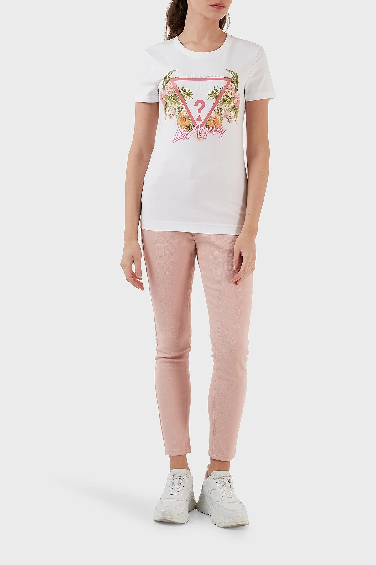 Guess Triangle Pamuklu Slim Fit Bisiklet Yaka Bayan T Shirt W3GI41J1314 G011 BEYAZ - 4