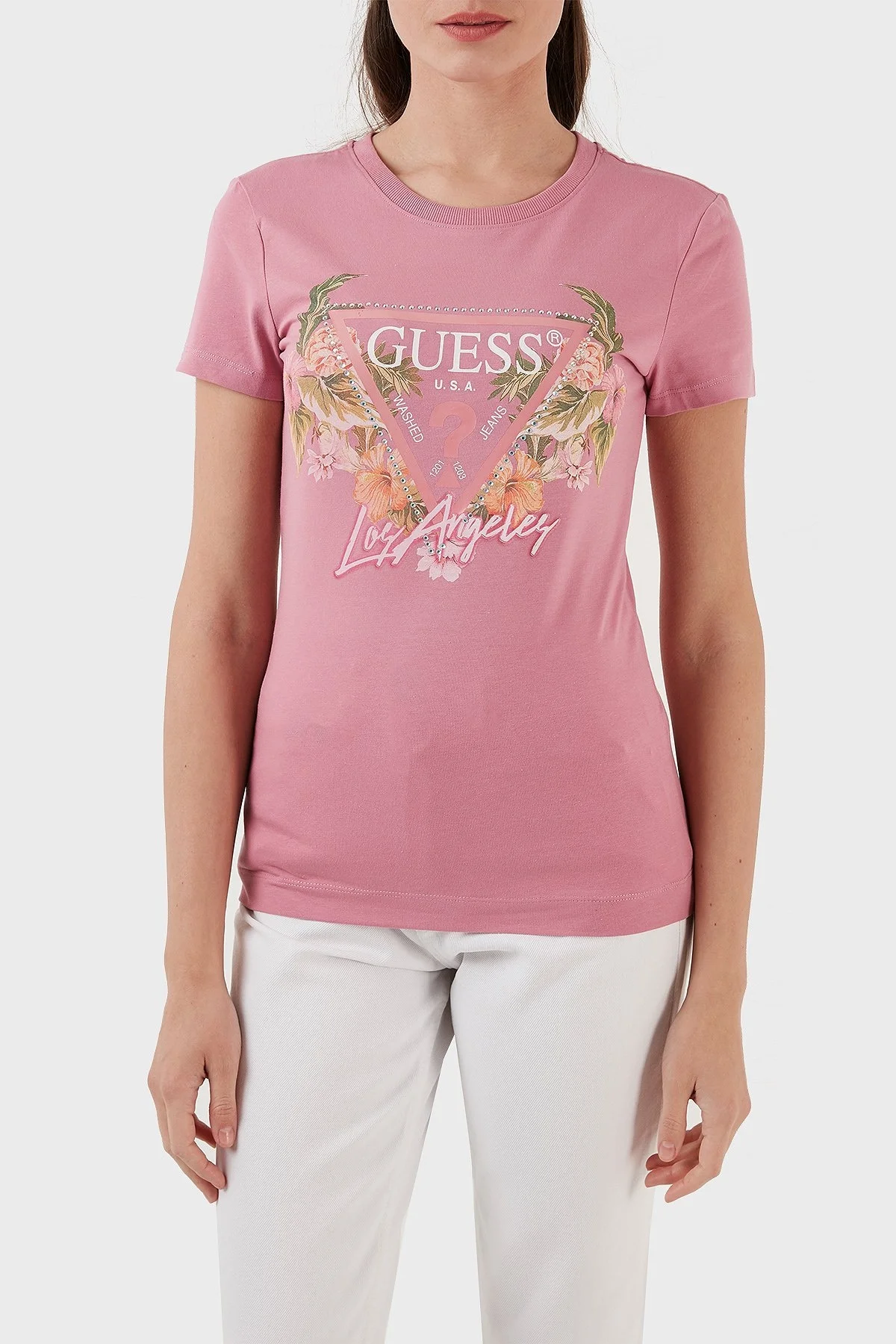 Guess Triangle Pamuklu Slim Fit Bisiklet Yaka Bayan T Shirt W3GI41J1314 G67G FUŞYA - 1