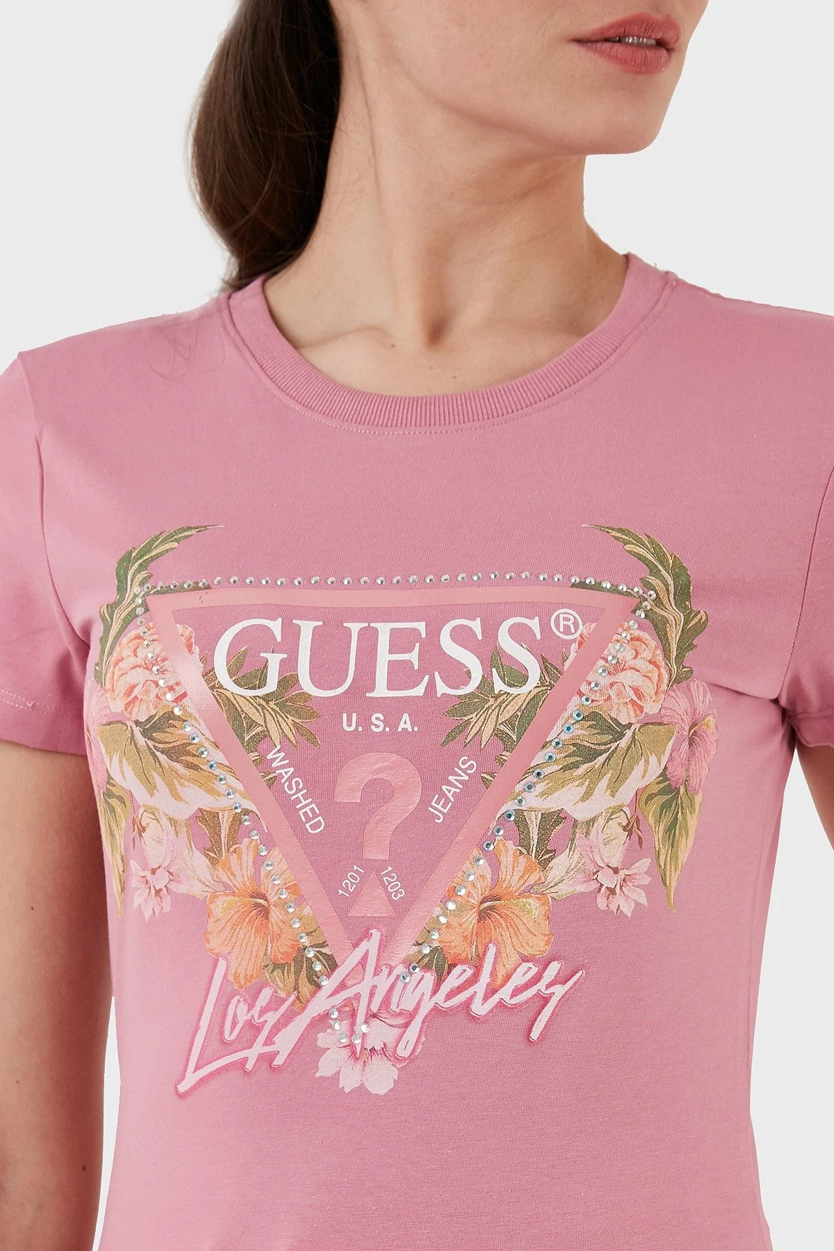 Guess Triangle Pamuklu Slim Fit Bisiklet Yaka Bayan T Shirt W3GI41J1314 G67G FUŞYA - 3