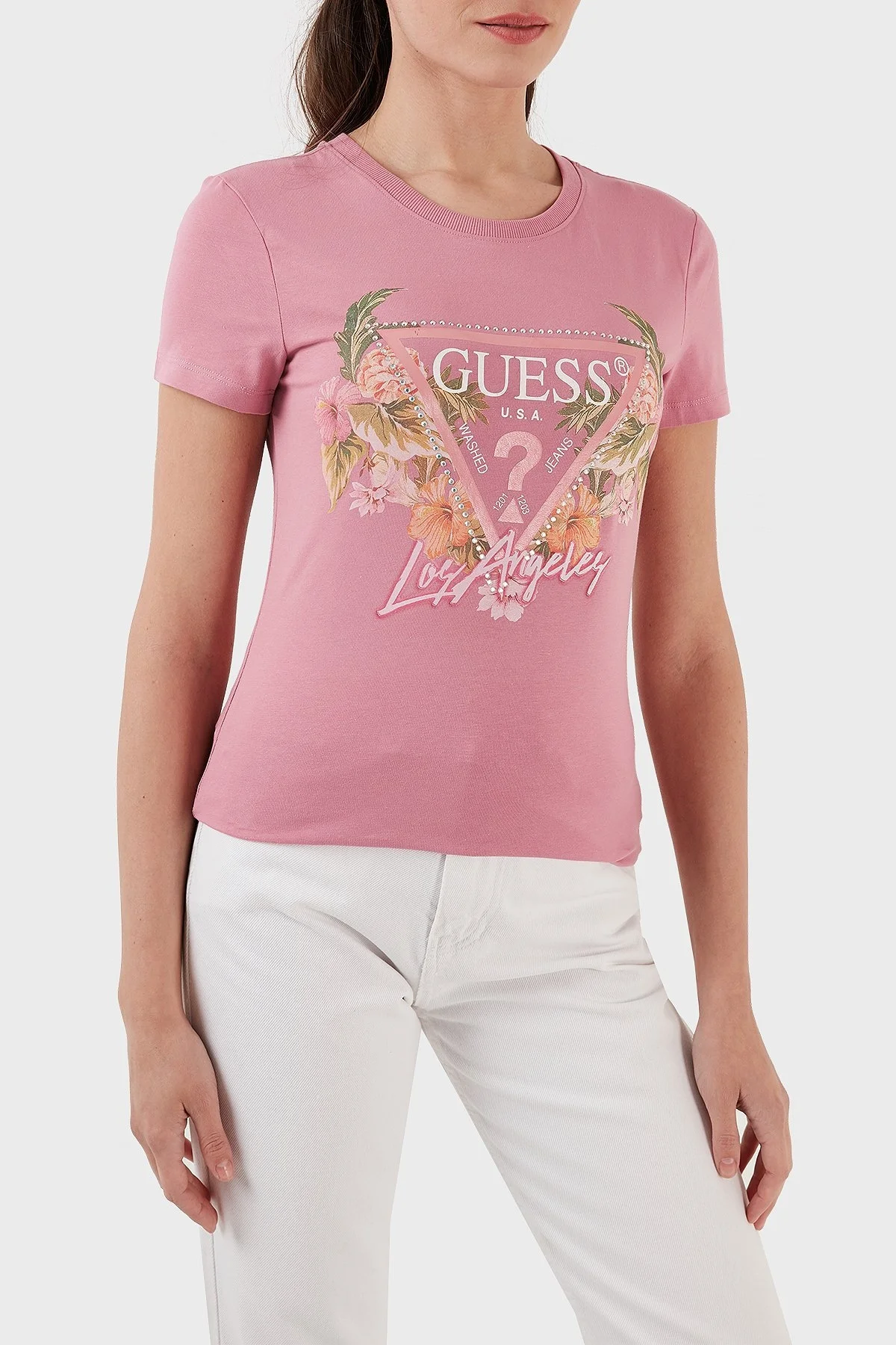 Guess Triangle Pamuklu Slim Fit Bisiklet Yaka Bayan T Shirt W3GI41J1314 G67G FUŞYA - 4