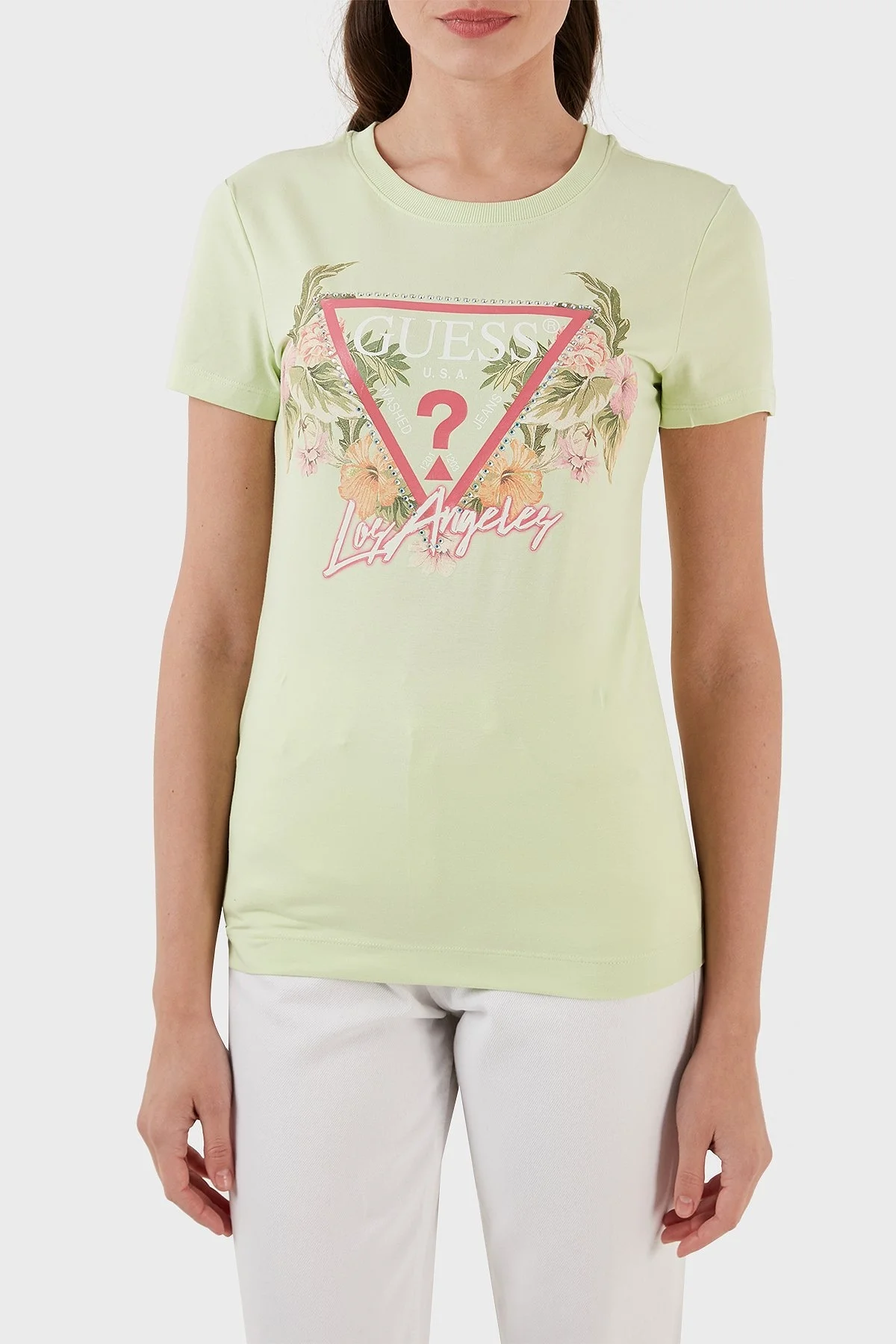 Guess Triangle Pamuklu Slim Fit Bisiklet Yaka Bayan T Shirt W3GI41J1314 G8CX YEŞİL - 1