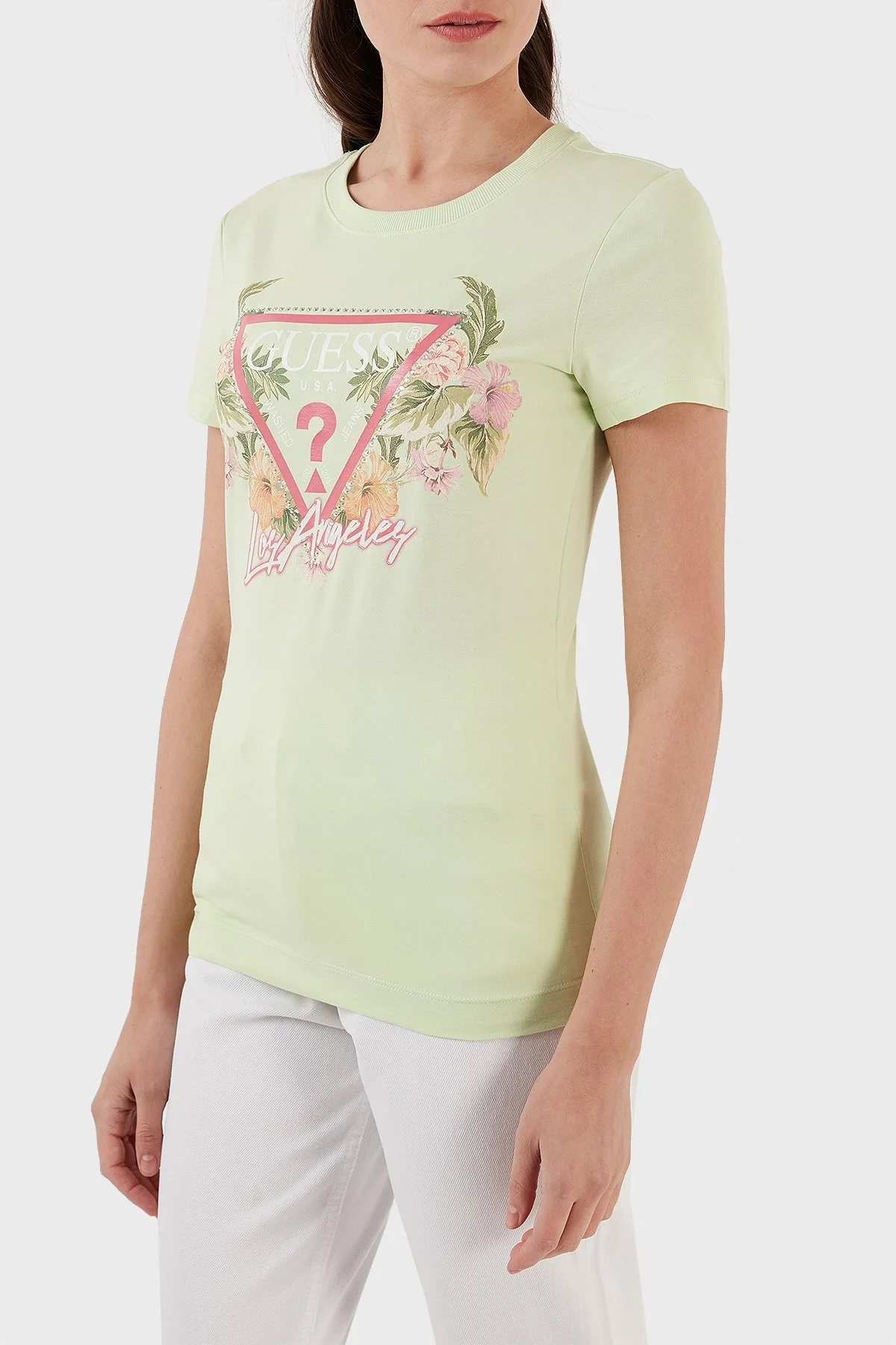 Guess Triangle Pamuklu Slim Fit Bisiklet Yaka Bayan T Shirt W3GI41J1314 G8CX YEŞİL - 2