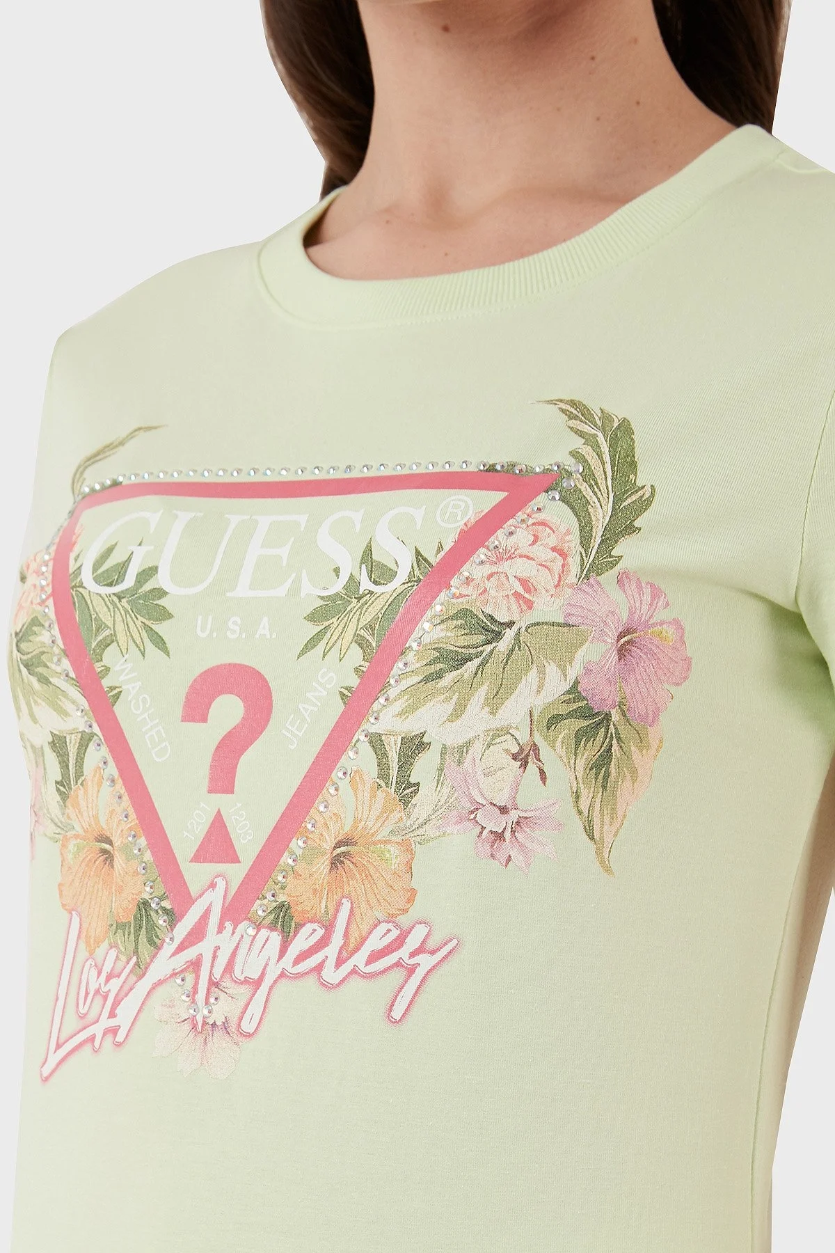 Guess Triangle Pamuklu Slim Fit Bisiklet Yaka Bayan T Shirt W3GI41J1314 G8CX YEŞİL - 3