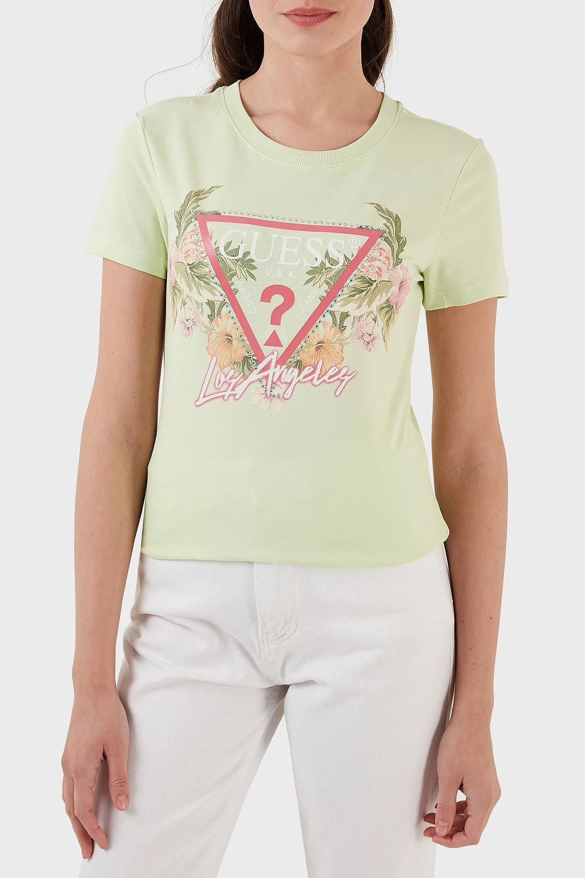 Guess Triangle Pamuklu Slim Fit Bisiklet Yaka Bayan T Shirt W3GI41J1314 G8CX YEŞİL - 4