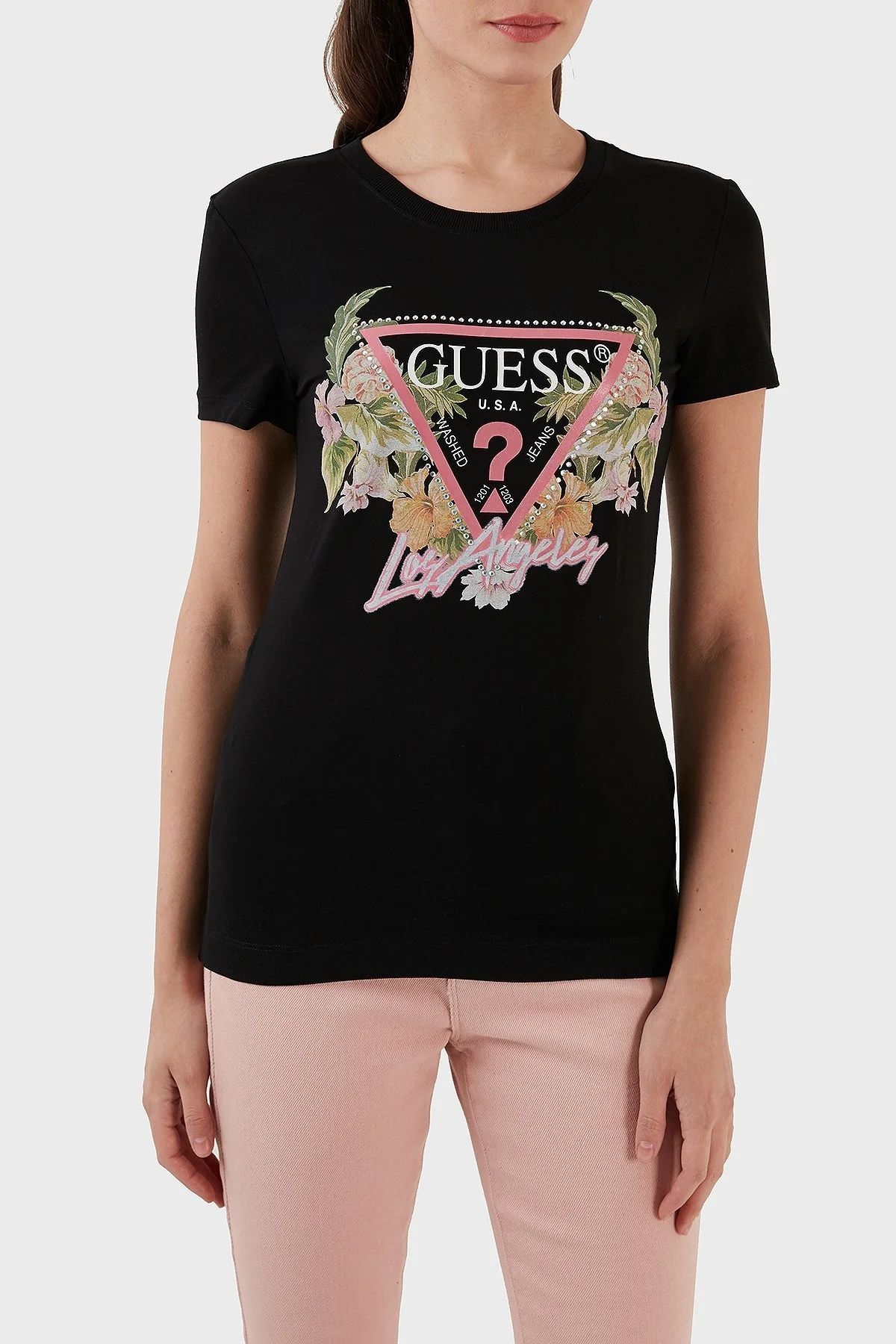 Guess Triangle Pamuklu Slim Fit Bisiklet Yaka Bayan T Shirt W3GI41J1314 JBLK SİYAH - 1