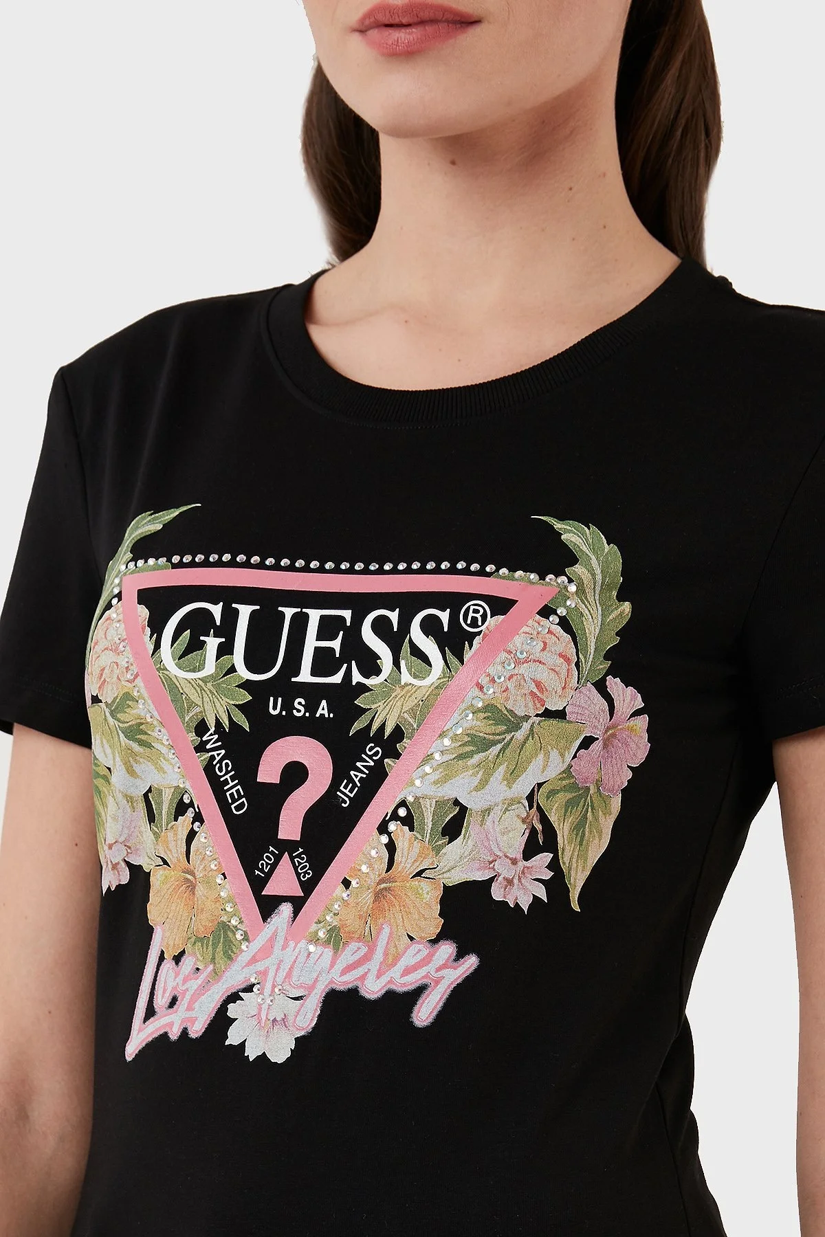 Guess Triangle Pamuklu Slim Fit Bisiklet Yaka Bayan T Shirt W3GI41J1314 JBLK SİYAH - 3
