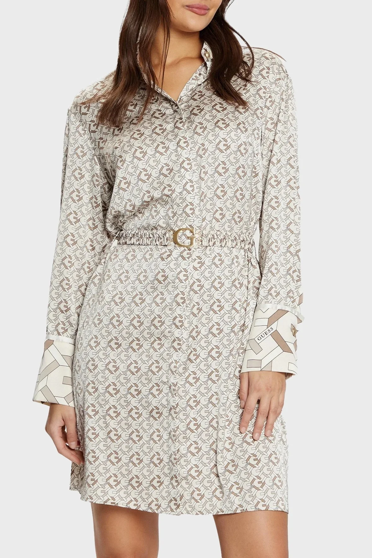 Guess Veronica Desenli Regular Fit Mini W5RK40WF1T2 Bayan Elbise W5RK40 WF1T2 P1KZ BEJ - 6