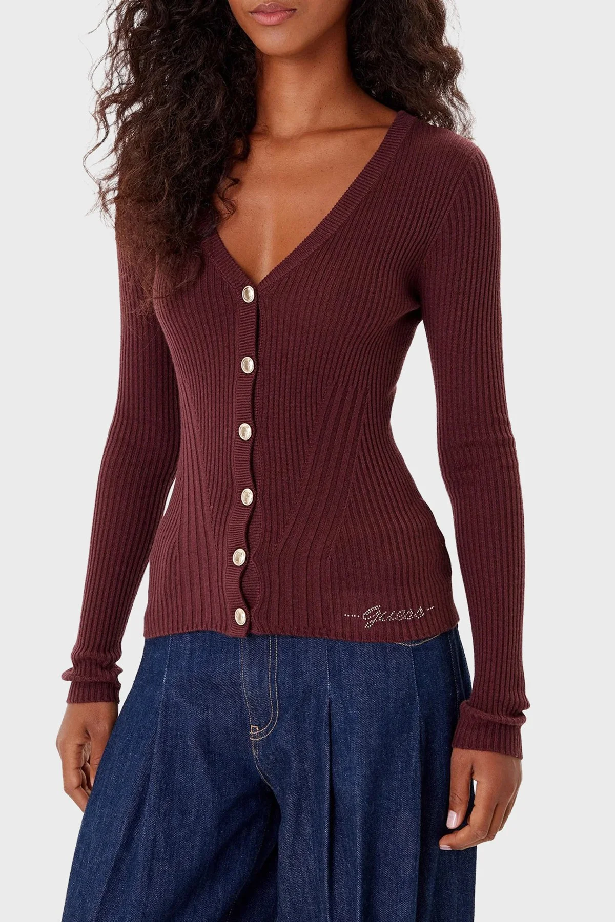 Guess Vn Julia Yün Karışımlı Slim Fit V Yaka Fitilli W5BR16Z3OW2 Bayan Hırka W5BR16 Z3OW2 G1G5 BORDO - 6