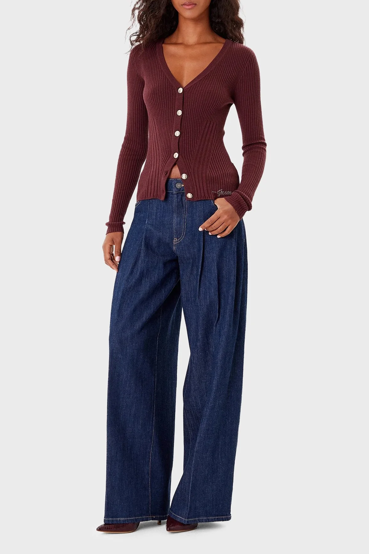 Guess Vn Julia Yün Karışımlı Slim Fit V Yaka Fitilli W5BR16Z3OW2 Bayan Hırka W5BR16 Z3OW2 G1G5 BORDO - 7