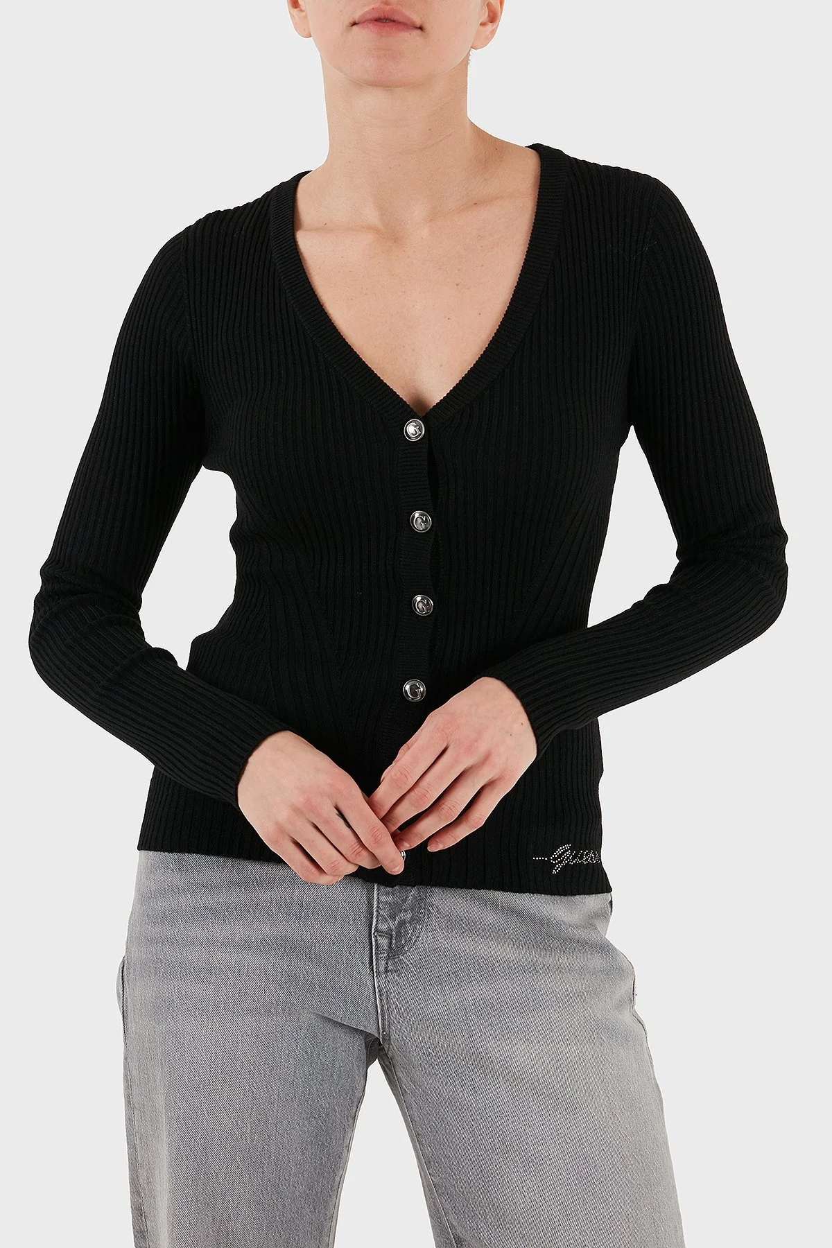 Guess Vn Julia Yün Karışımlı Slim Fit V Yaka Fitilli W5BR16Z3OW2 Bayan Hırka W5BR16 Z3OW2 JBLK SİYAH - 7