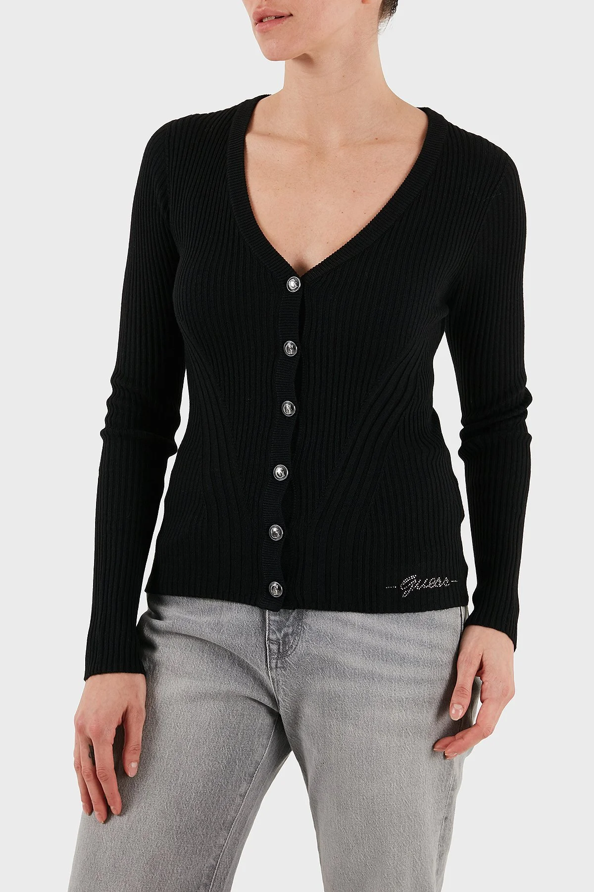 Guess Vn Julia Yün Karışımlı Slim Fit V Yaka Fitilli W5BR16Z3OW2 Bayan Hırka W5BR16 Z3OW2 JBLK SİYAH - 9