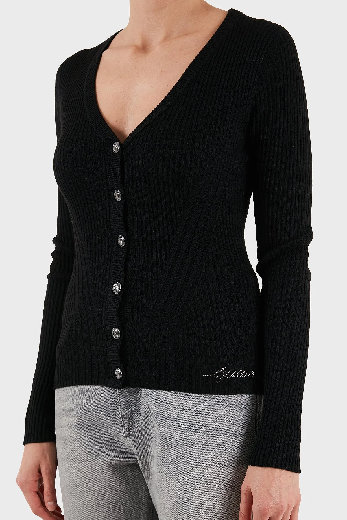 Guess Vn Julia Yün Karışımlı Slim Fit V Yaka Fitilli W5BR16Z3OW2 Bayan Hırka W5BR16 Z3OW2 JBLK SİYAH - 10