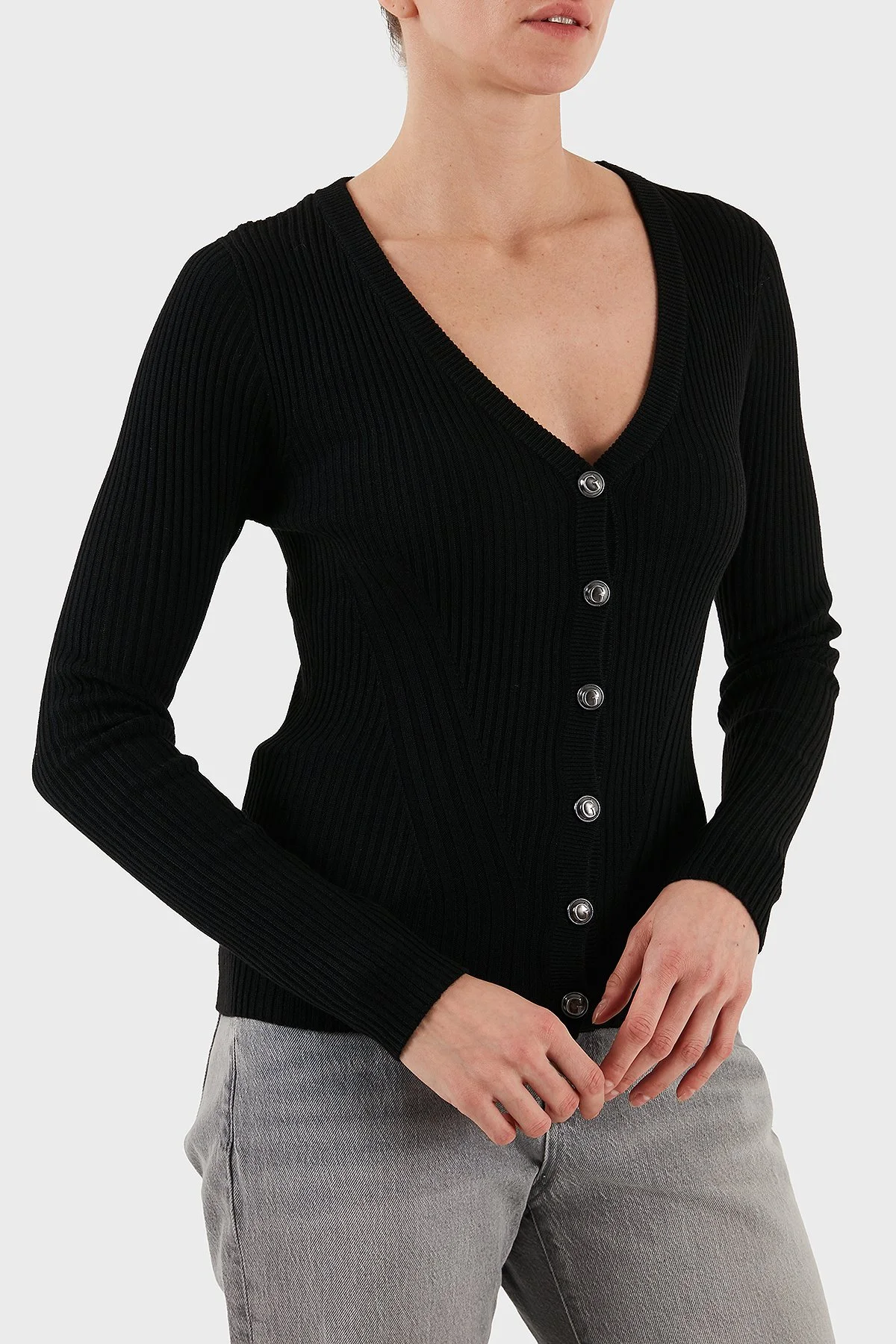 Guess Vn Julia Yün Karışımlı Slim Fit V Yaka Fitilli W5BR16Z3OW2 Bayan Hırka W5BR16 Z3OW2 JBLK SİYAH - 11
