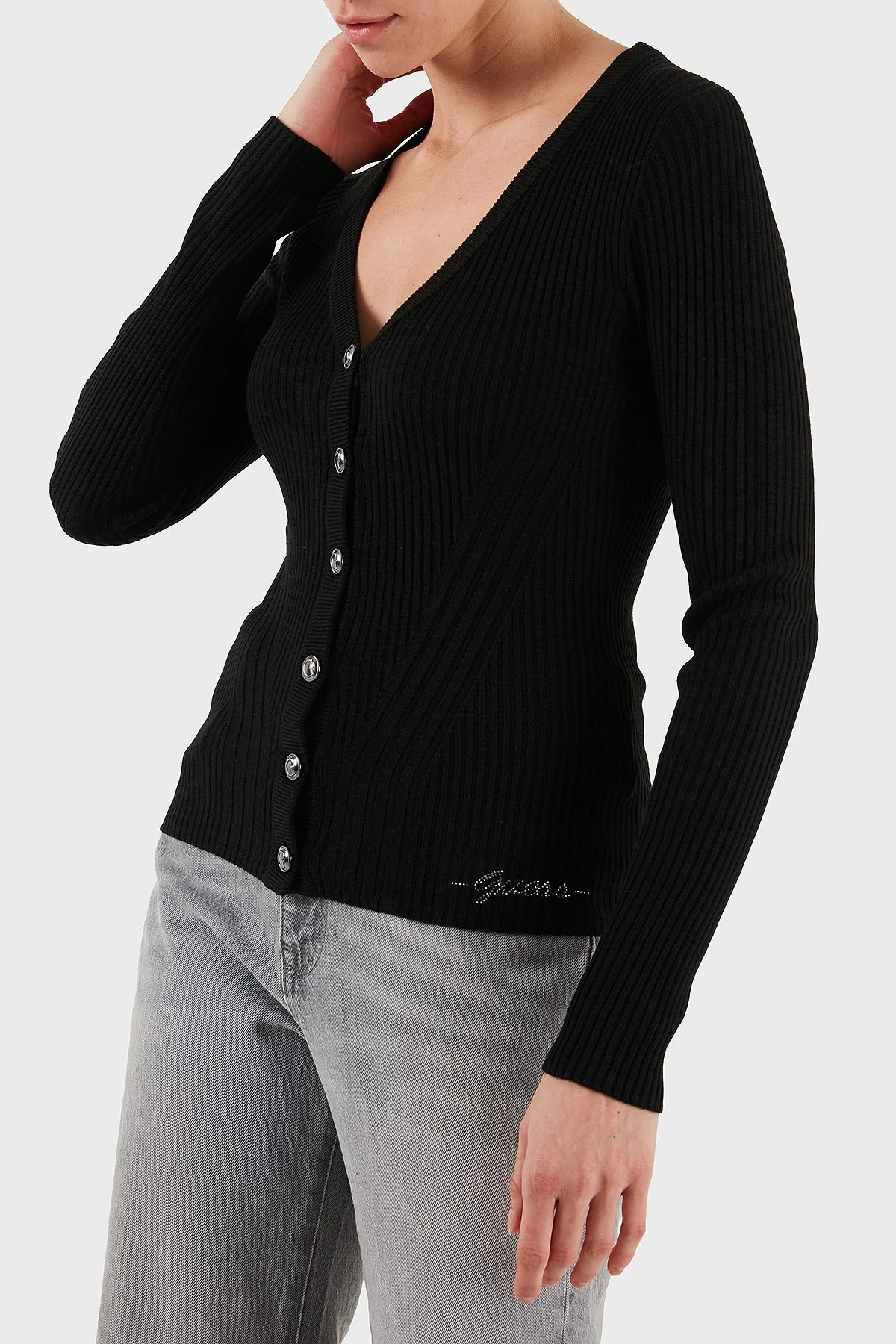 Guess Vn Julia Yün Karışımlı Slim Fit V Yaka Fitilli W5BR16Z3OW2 Bayan Hırka W5BR16 Z3OW2 JBLK SİYAH - 12