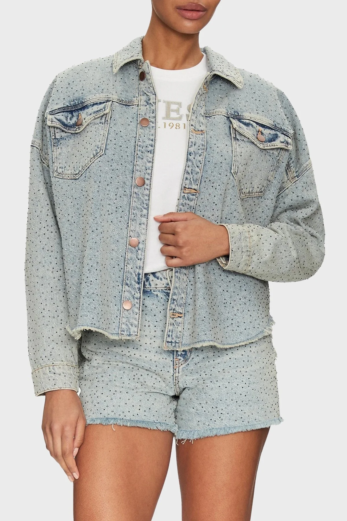 Guess Western % 100 Pamuk Regular Fit Taşlı W5GN90D5LQ2 Bayan Kot Ceket W5GN90 D5LQ2 GRBG AÇIK MAVİ - 6