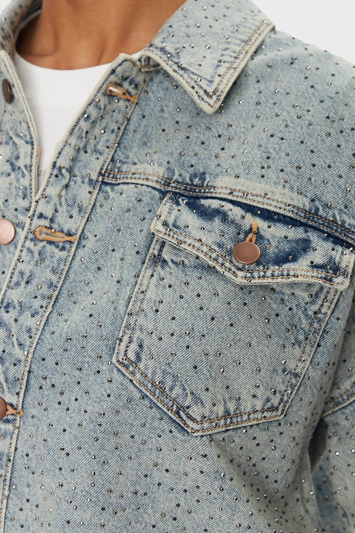 Guess Western % 100 Pamuk Regular Fit Taşlı W5GN90D5LQ2 Bayan Kot Ceket W5GN90 D5LQ2 GRBG AÇIK MAVİ - 10