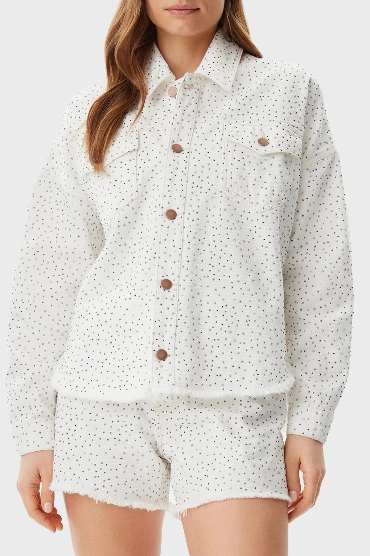 Guess Western % 100 Pamuk Regular Fit Taşlı W5GN90D5N91 Bayan Kot Ceket W5GN90 D5N91 GWBL BEYAZ - 6