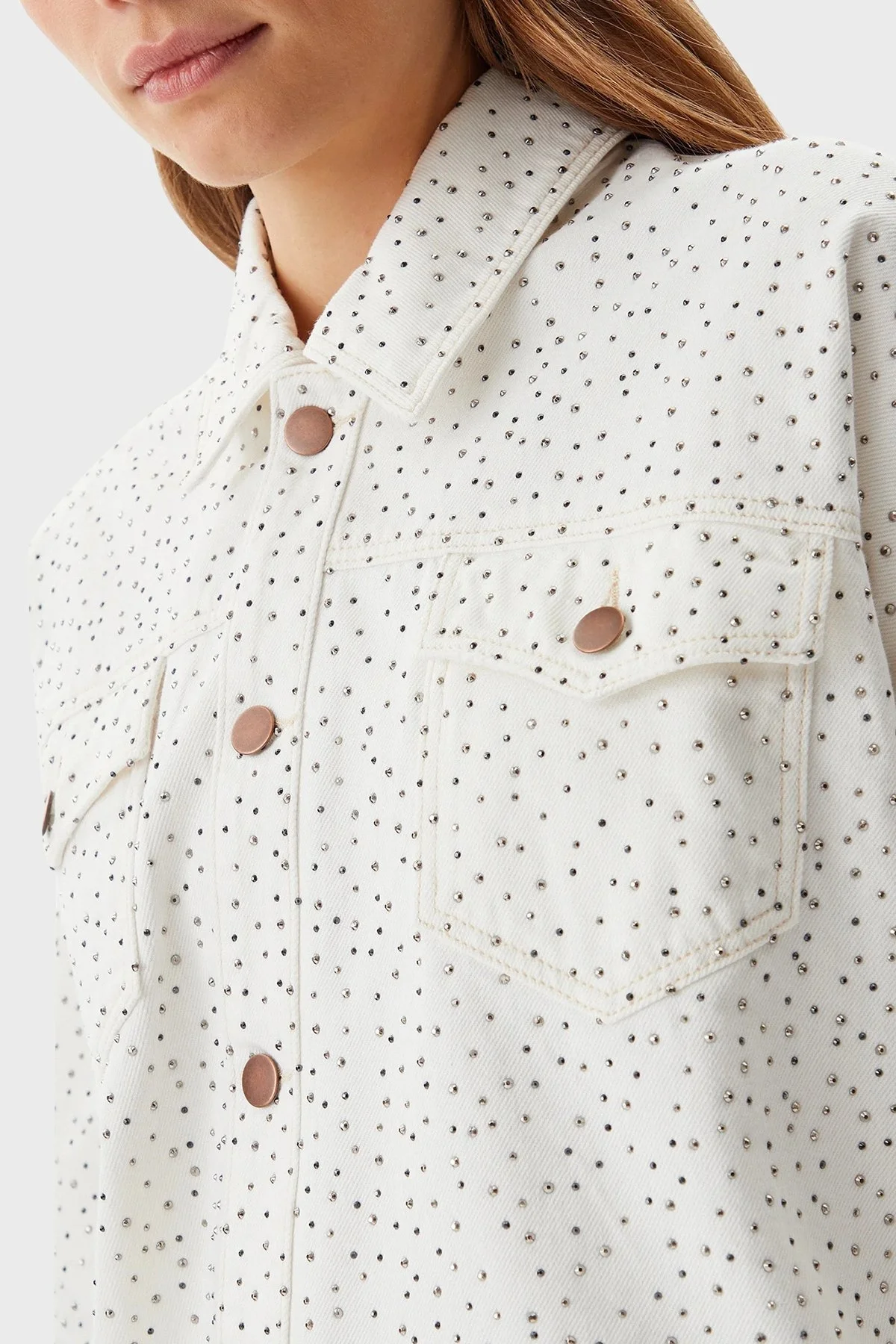 Guess Western % 100 Pamuk Regular Fit Taşlı W5GN90D5N91 Bayan Kot Ceket W5GN90 D5N91 GWBL BEYAZ - 9