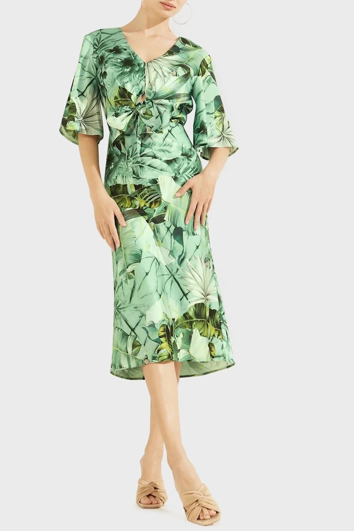 Guess Yaprak Desenli V Yaka Midi Boy Bayan Elbise W2GK23WD8G2 P82U Yeşil-Yeşil - 1