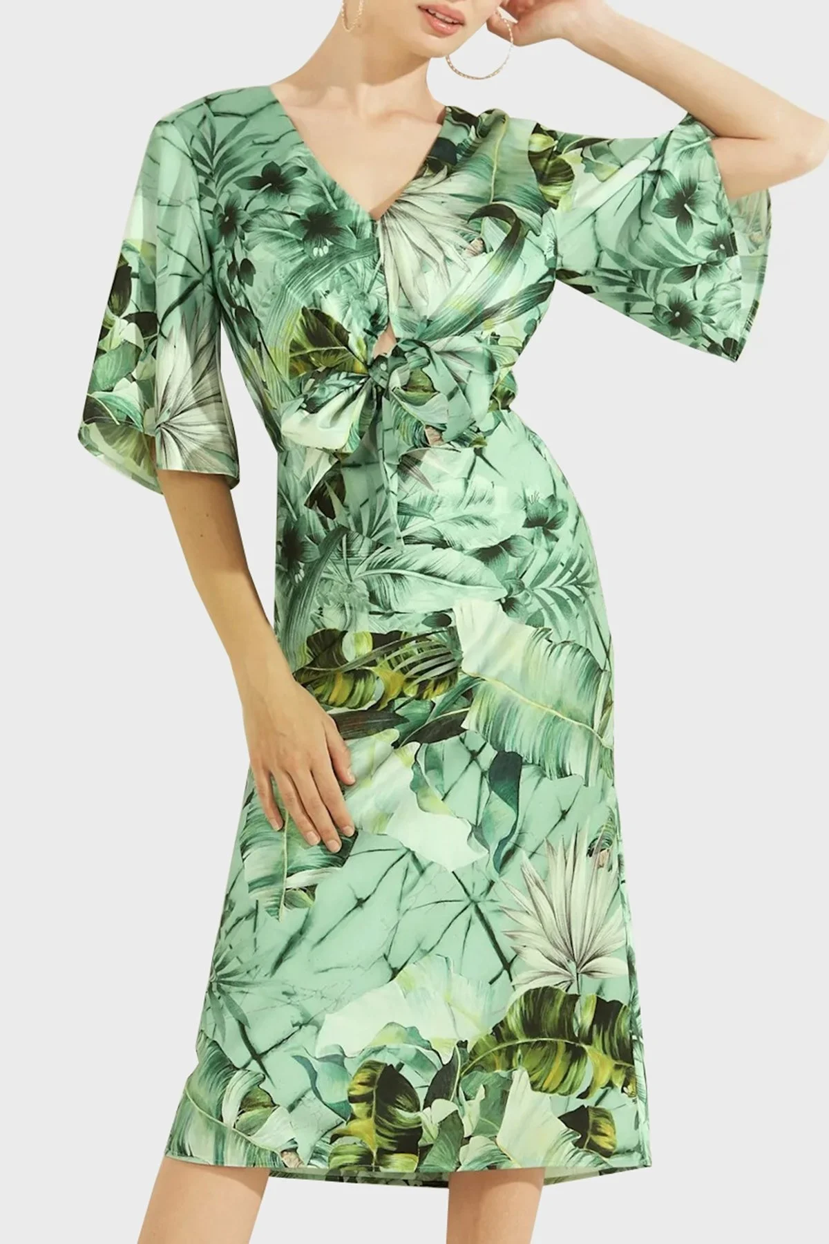 Guess Yaprak Desenli V Yaka Midi Boy Bayan Elbise W2GK23WD8G2 P82U Yeşil-Yeşil - 2
