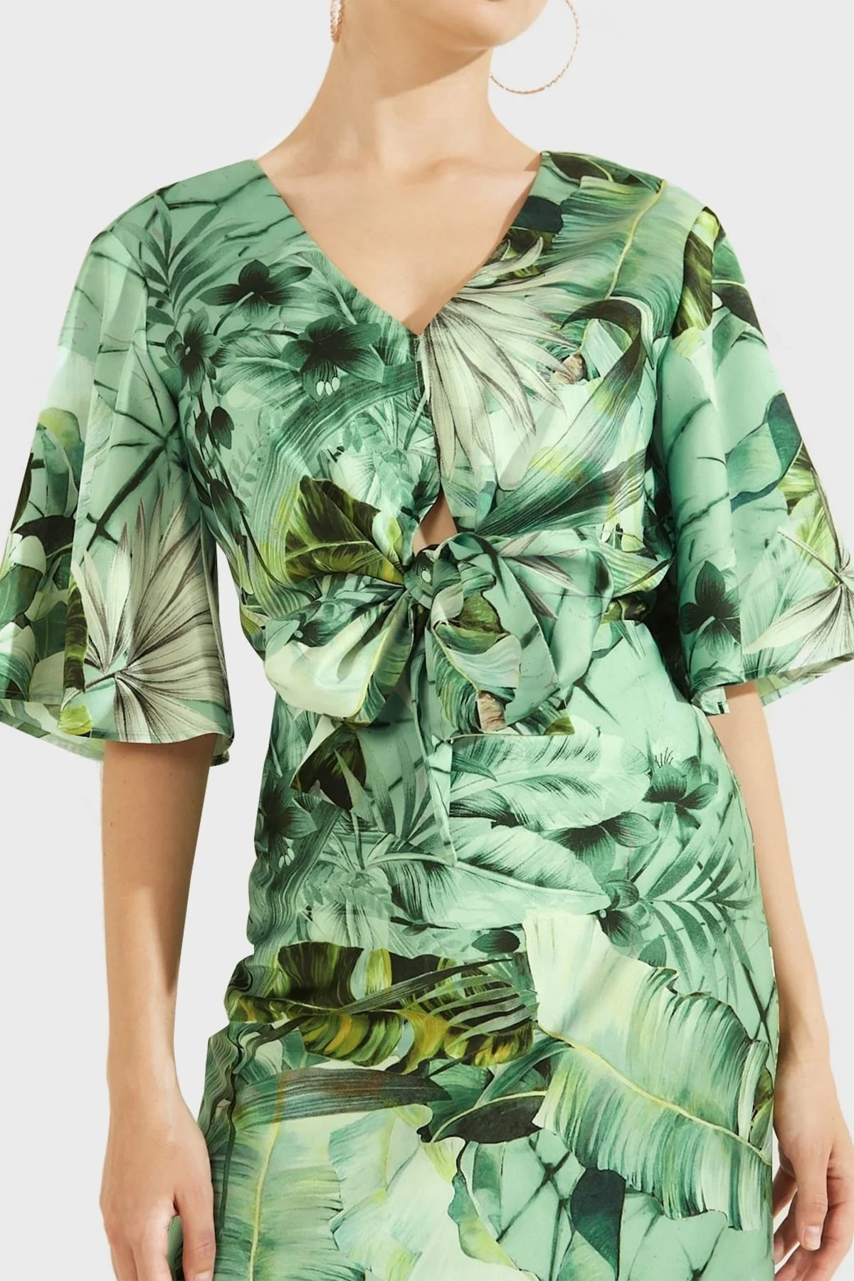 Guess Yaprak Desenli V Yaka Midi Boy Bayan Elbise W2GK23WD8G2 P82U Yeşil-Yeşil - 3