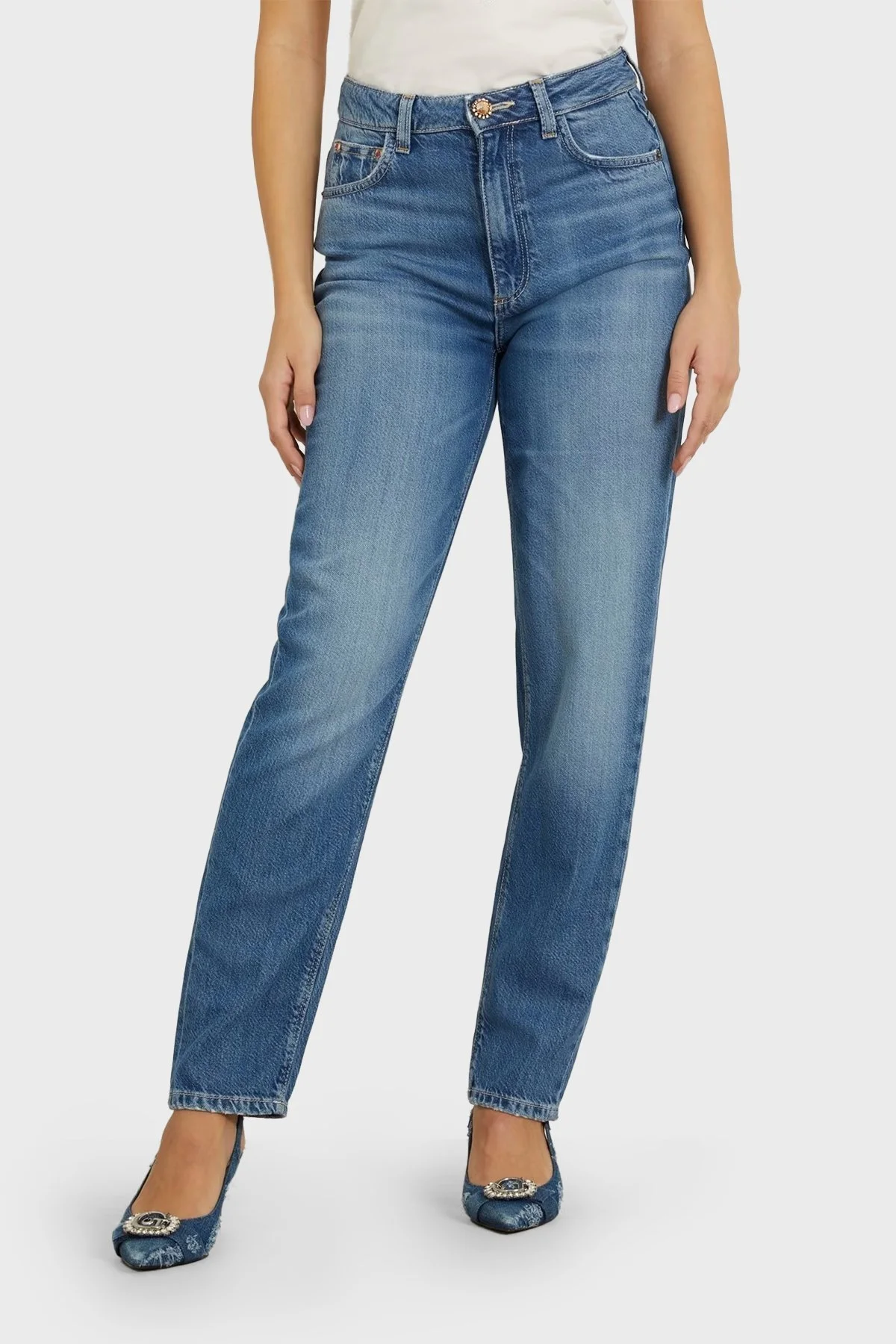 Guess Yüksek Bel Mom Jeans W4GA21D5B91 Bayan Kot Pantolon W4GA21 D5B91 MAS3 MAVİ - 1