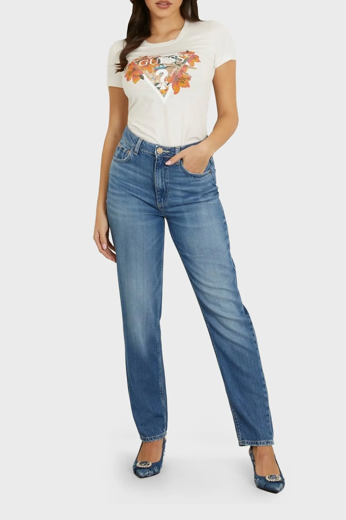 Guess Yüksek Bel Mom Jeans W4GA21D5B91 Bayan Kot Pantolon W4GA21 D5B91 MAS3 MAVİ - 2
