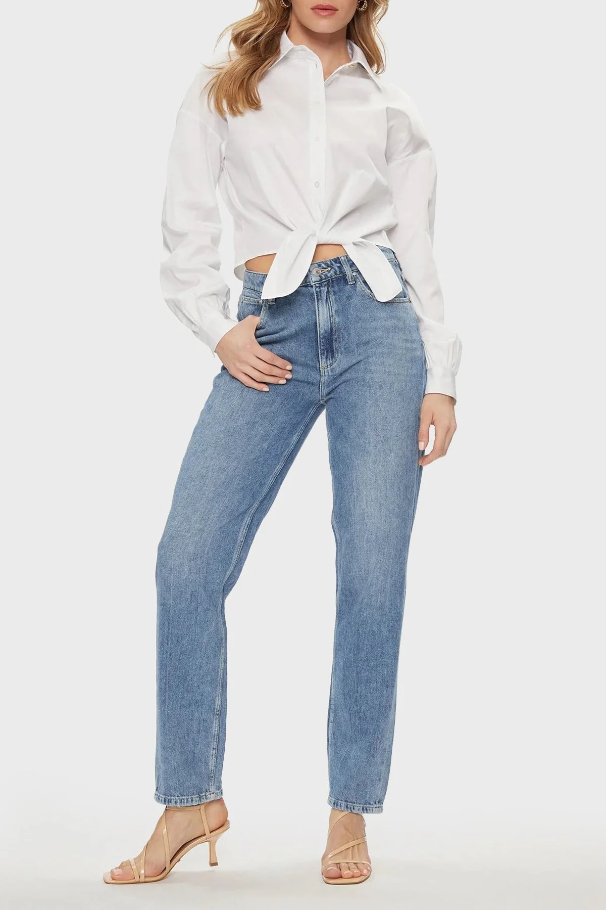 Guess Yüksek Bel Mom Jeans W4RA21D5912 Bayan Kot Pantolon W4RA21 D5912 TC0M MAVİ - 2