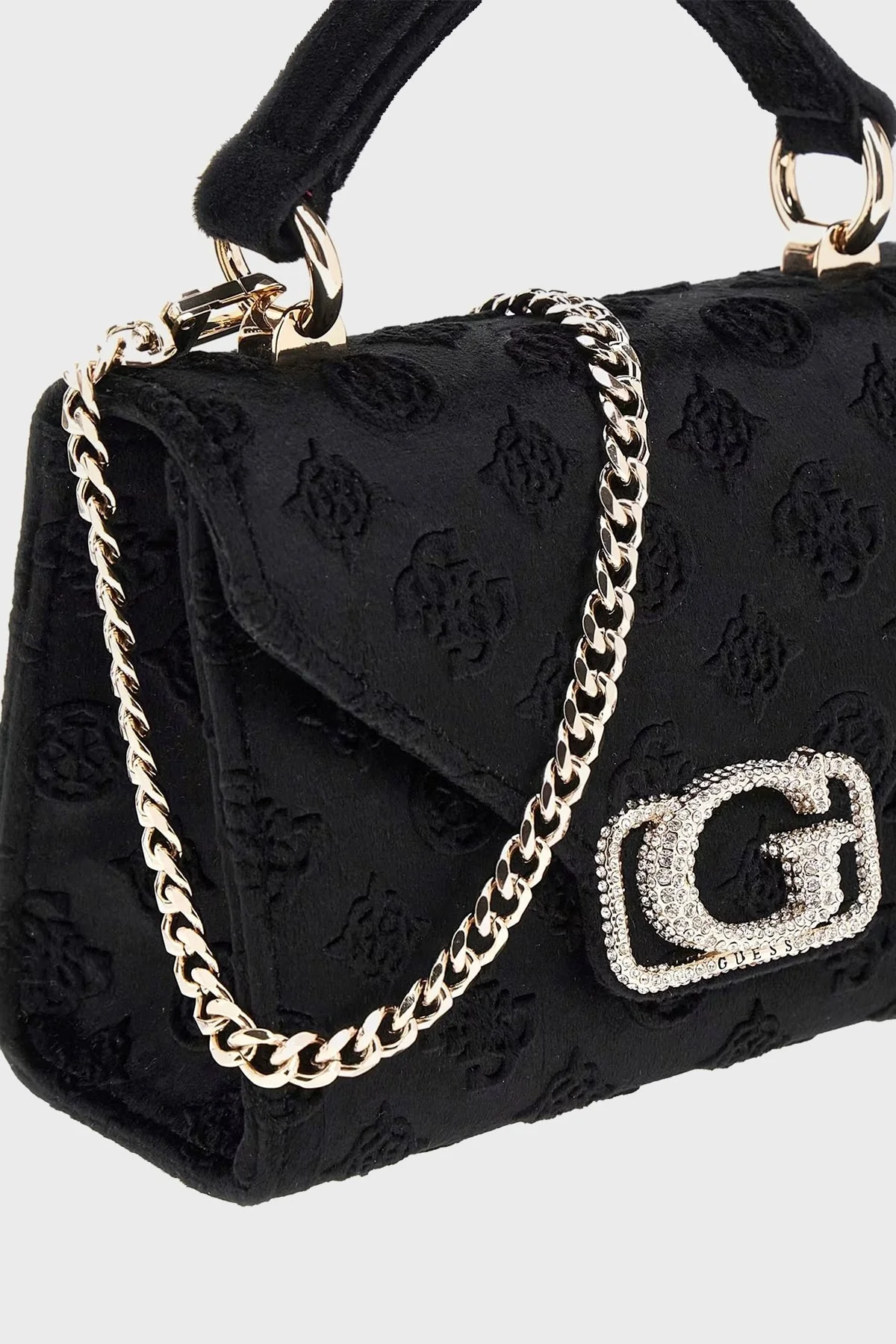 Guess Zalina 4G Kabartma Logolu Çıkarılabilir Zincir Askılı Kadife HWVP9350780 Bayan Çanta HWVP93 50780 BLO SİYAH - 9