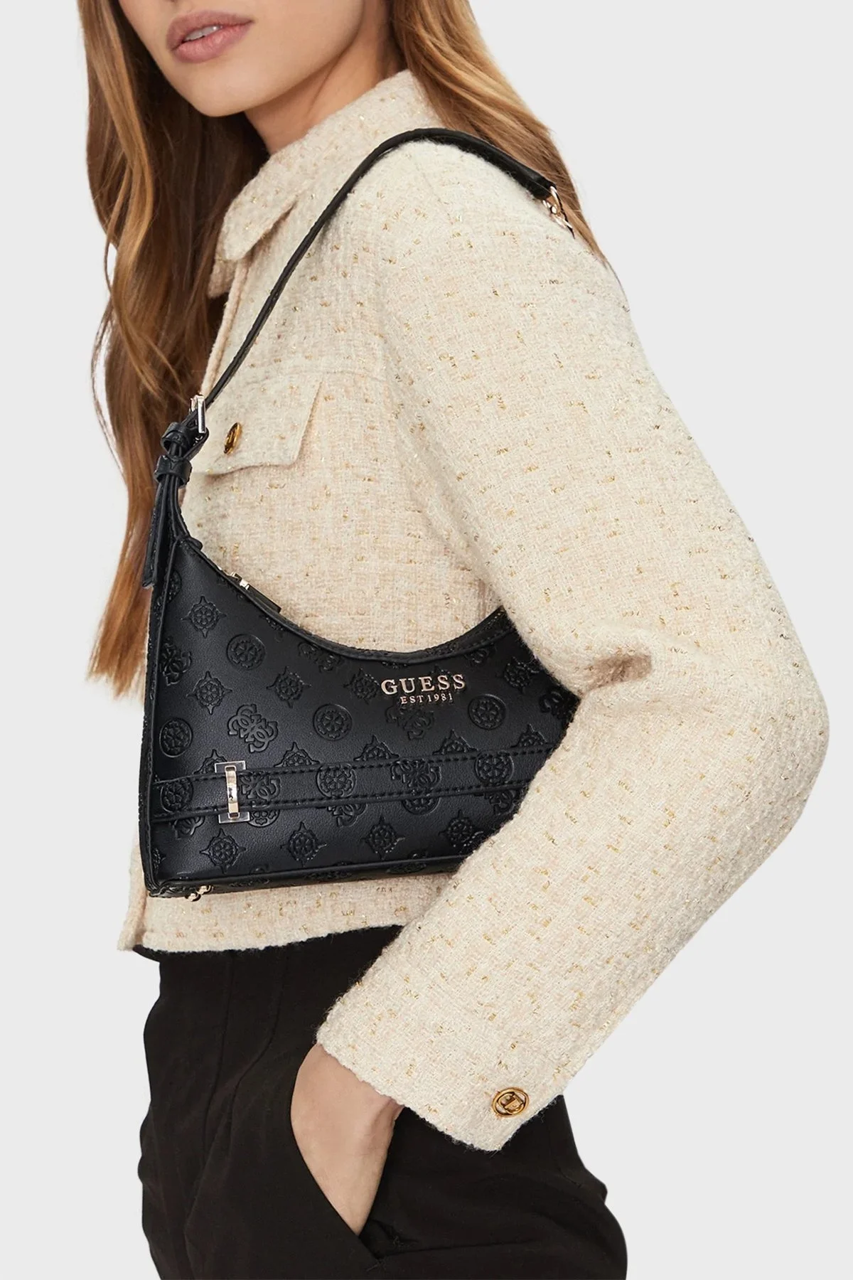 Guess Zarela Kabartmalı Logo Baskılı Ayarlanabilir Askılı HWPD9630180 Bayan Çanta HWPD96 30180 BLO SİYAH - 7