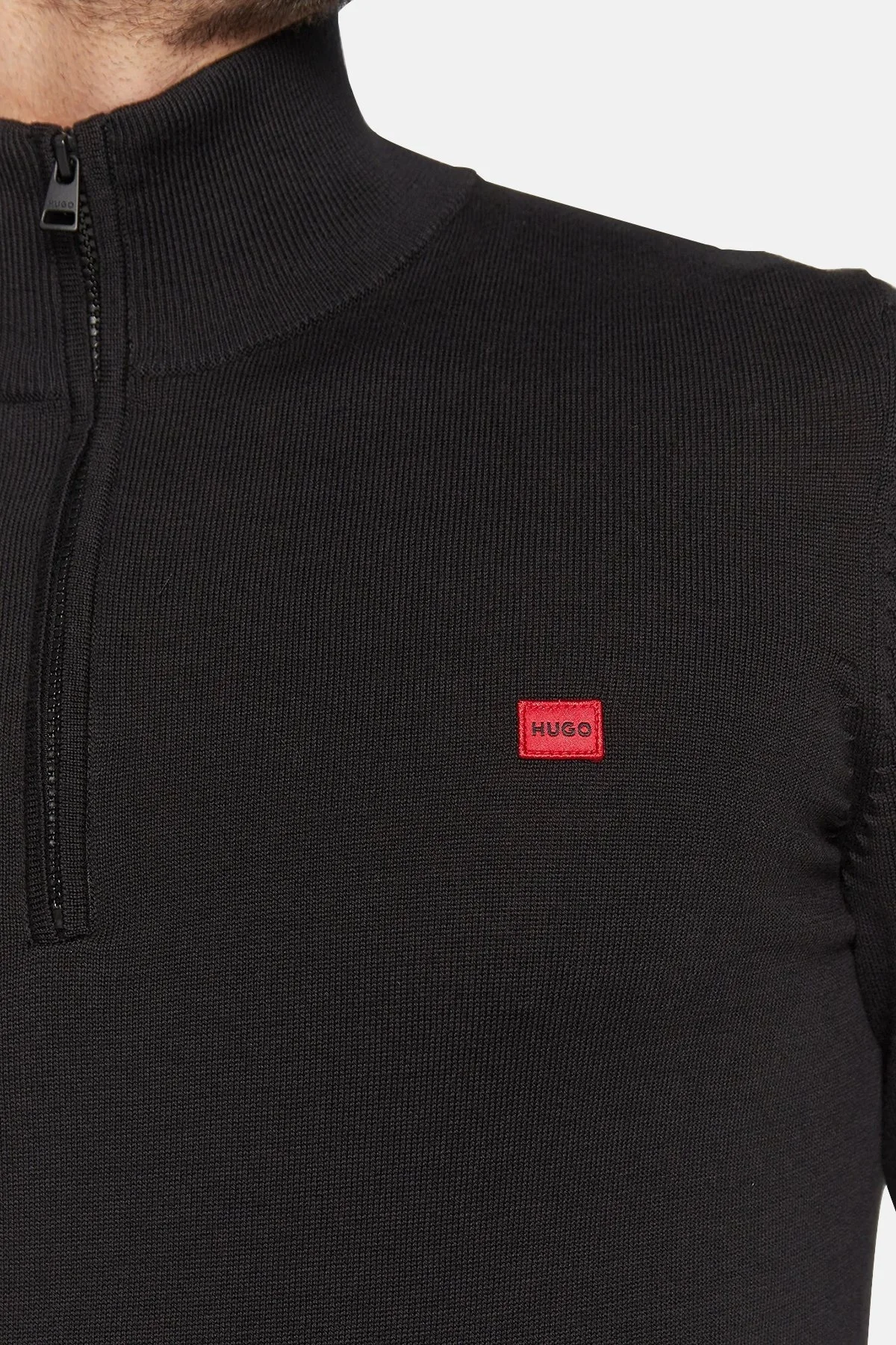 Hugo % 100 Organik Pamuk Fermuarlı Yaka Logolu Regular Fit Erkek Kazak 50474164 001 SİYAH - 4