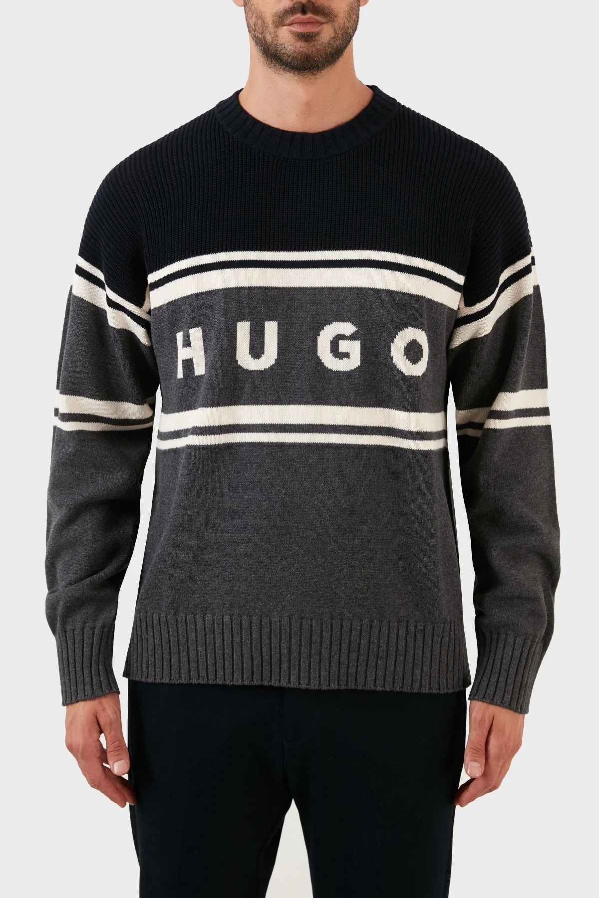 Hugo % 100 Pamuk Jakarlı Relaxed Fit Bisiklet Yaka Erkek Kazak 50474824 021 GRİ - 1