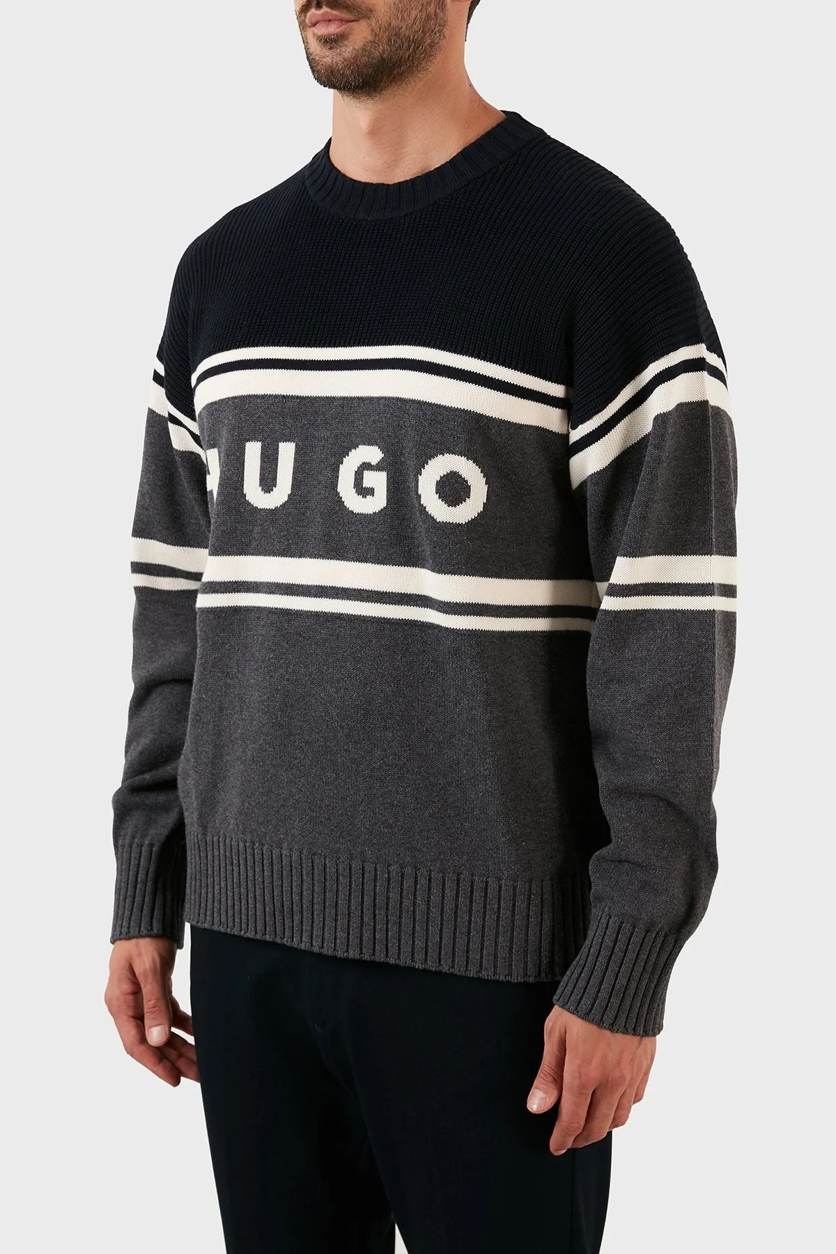 Hugo % 100 Pamuk Jakarlı Relaxed Fit Bisiklet Yaka Erkek Kazak 50474824 021 GRİ - 2