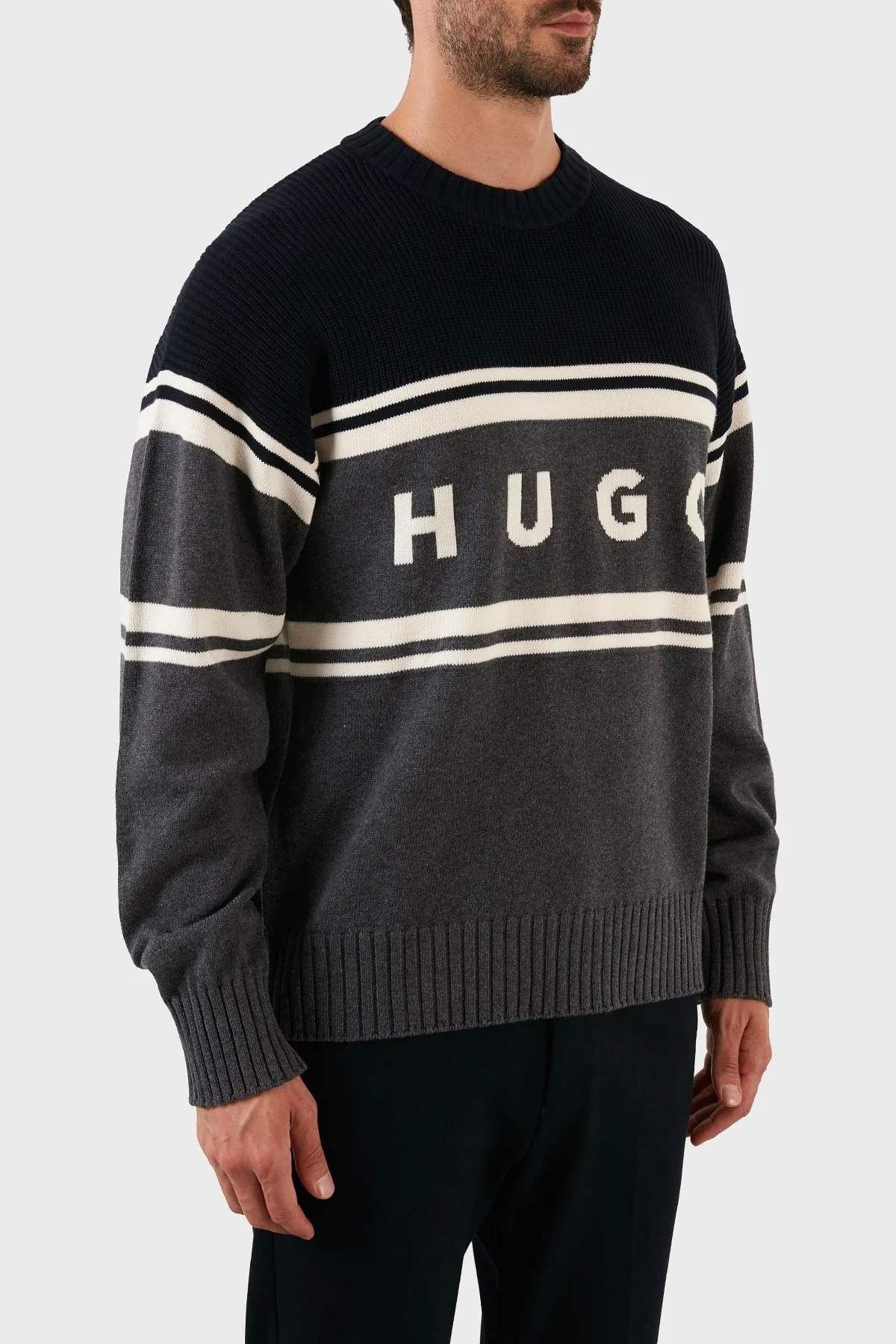 Hugo % 100 Pamuk Jakarlı Relaxed Fit Bisiklet Yaka Erkek Kazak 50474824 021 GRİ - 3